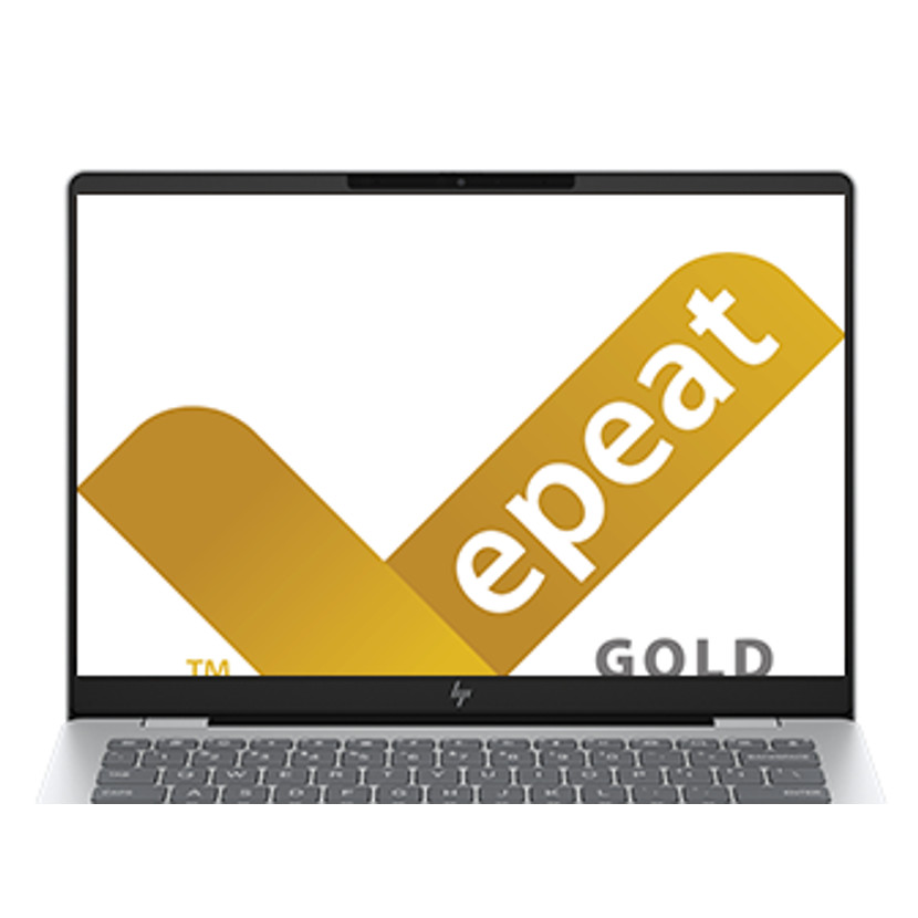 Ein silberner Laptop mit dem EPEAT Gold-Logo auf dem Bildschirm.
