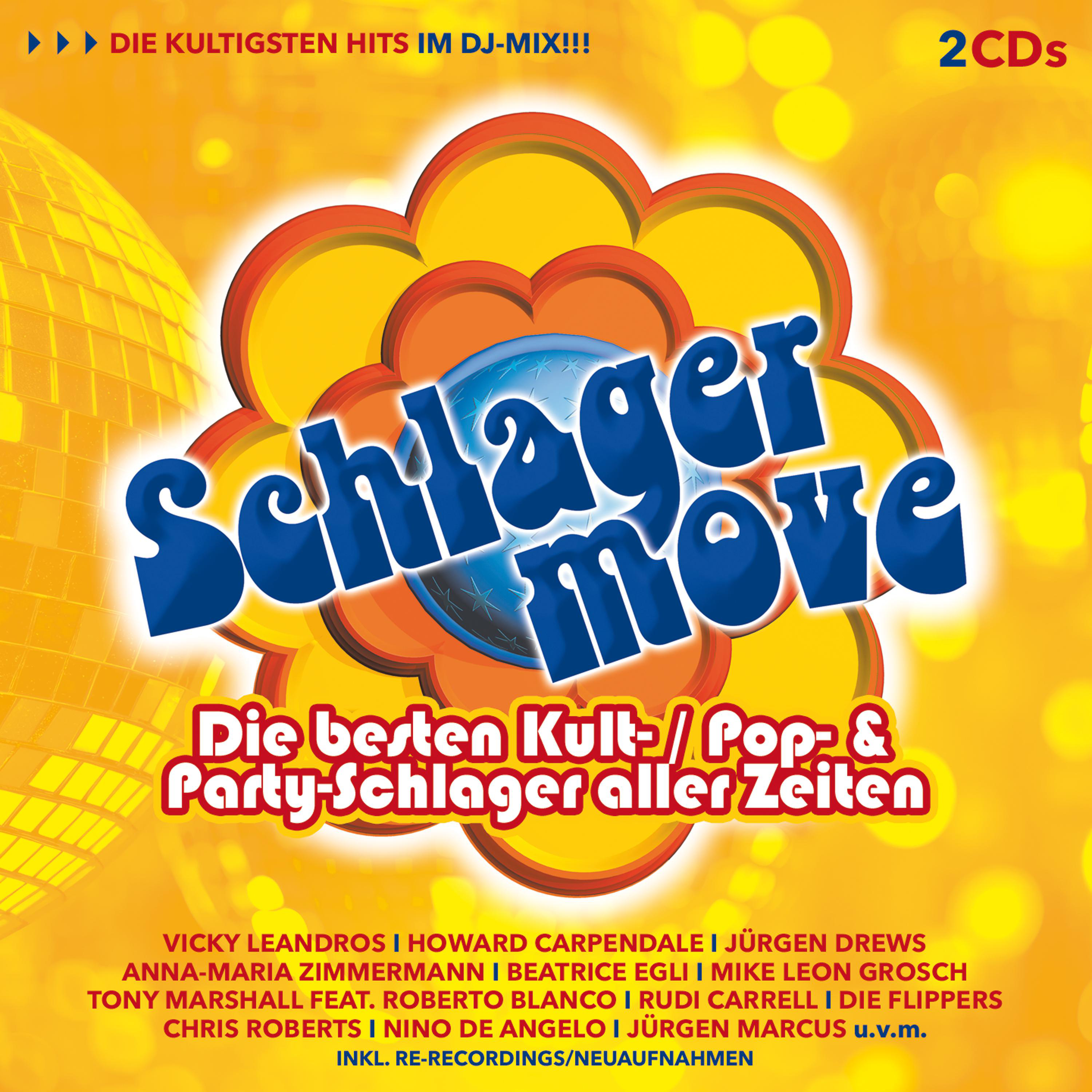 Cover für 'Schlager move 2 CDs'. Bunter Hintergrund mit Discokugel-Effekt.