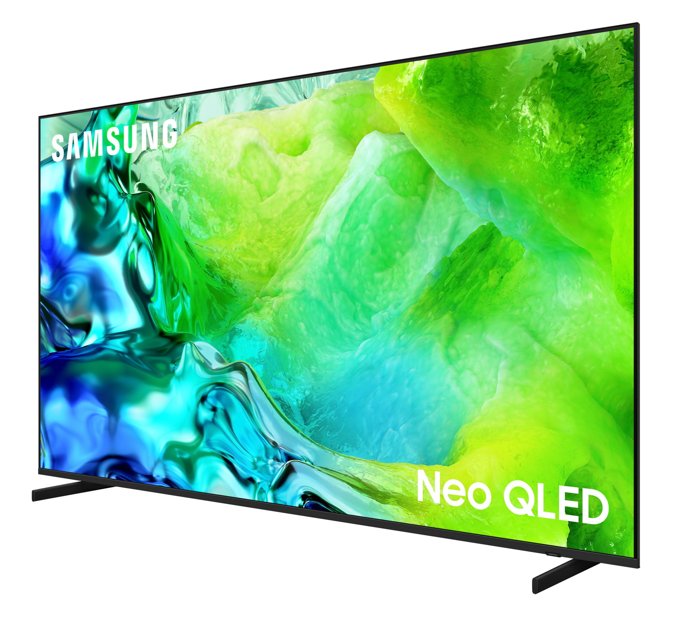 Telewizor Samsung Neo QLED z abstrakcyjnymi niebiesko-zielonymi obrazami na ekranie.