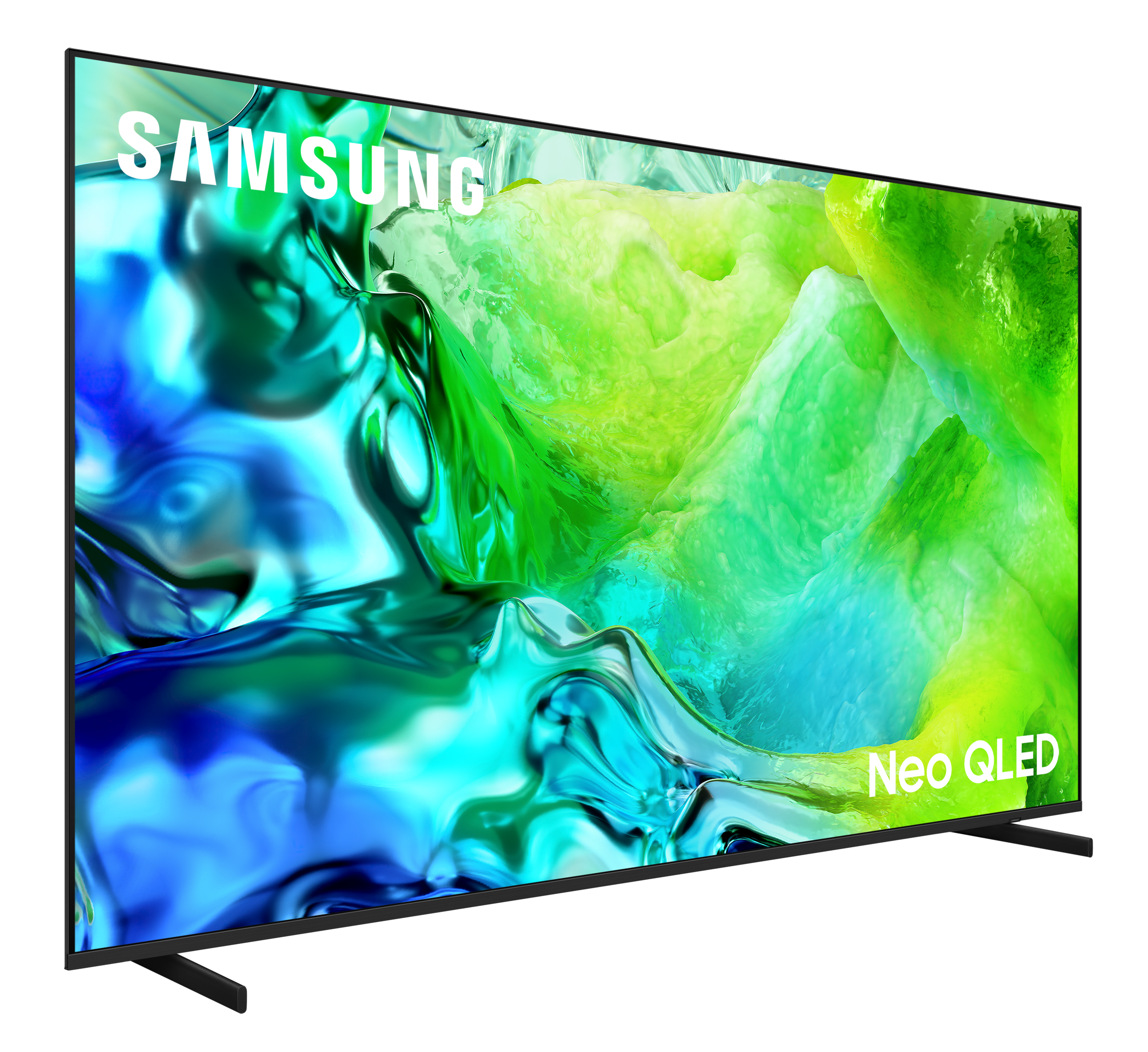 Telewizor Samsung Neo QLED wyświetlający abstrakcyjny obraz w odcieniach niebieskiego i zieleni.