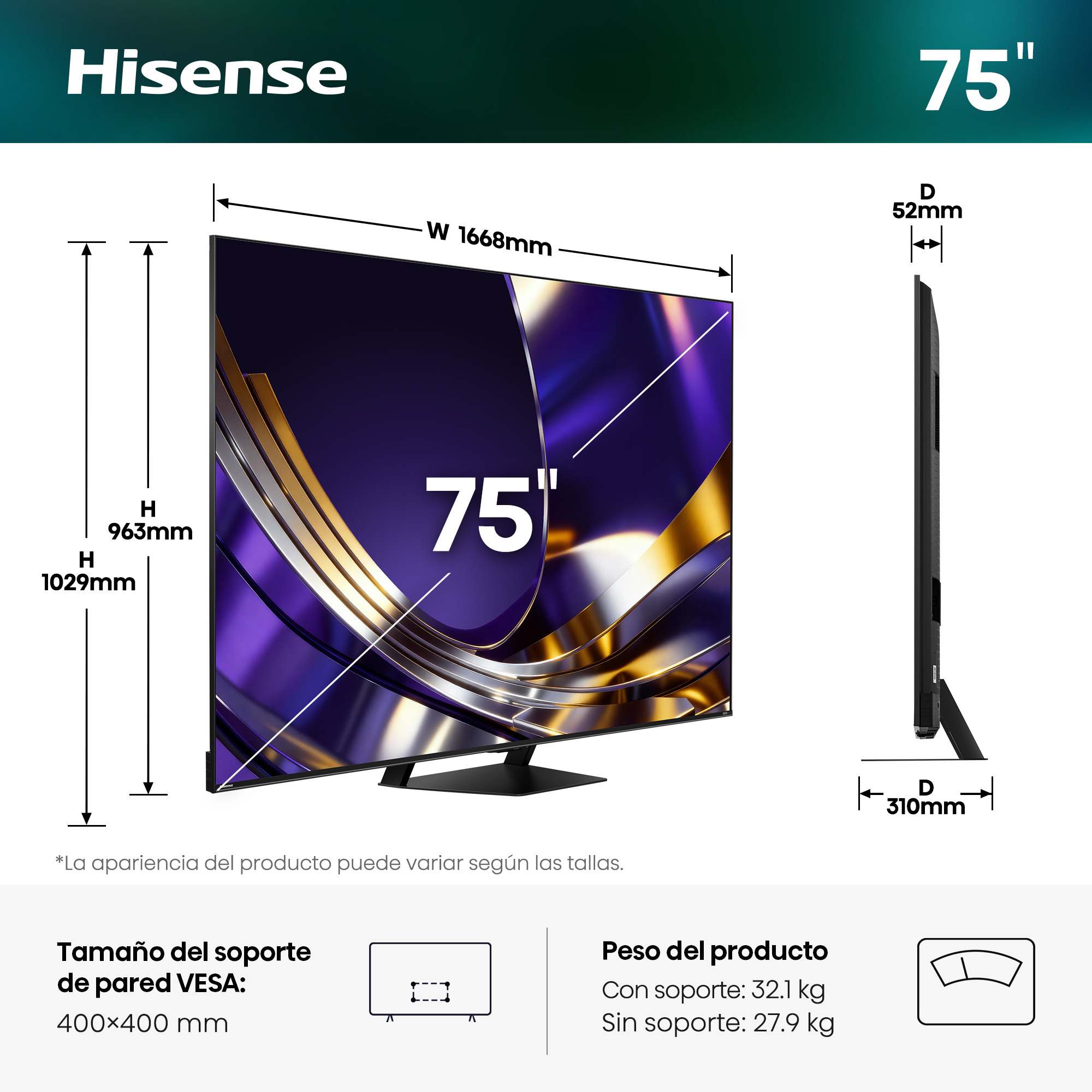 Un televisor Hisense de 75 pulgadas con dimensiones y peso.