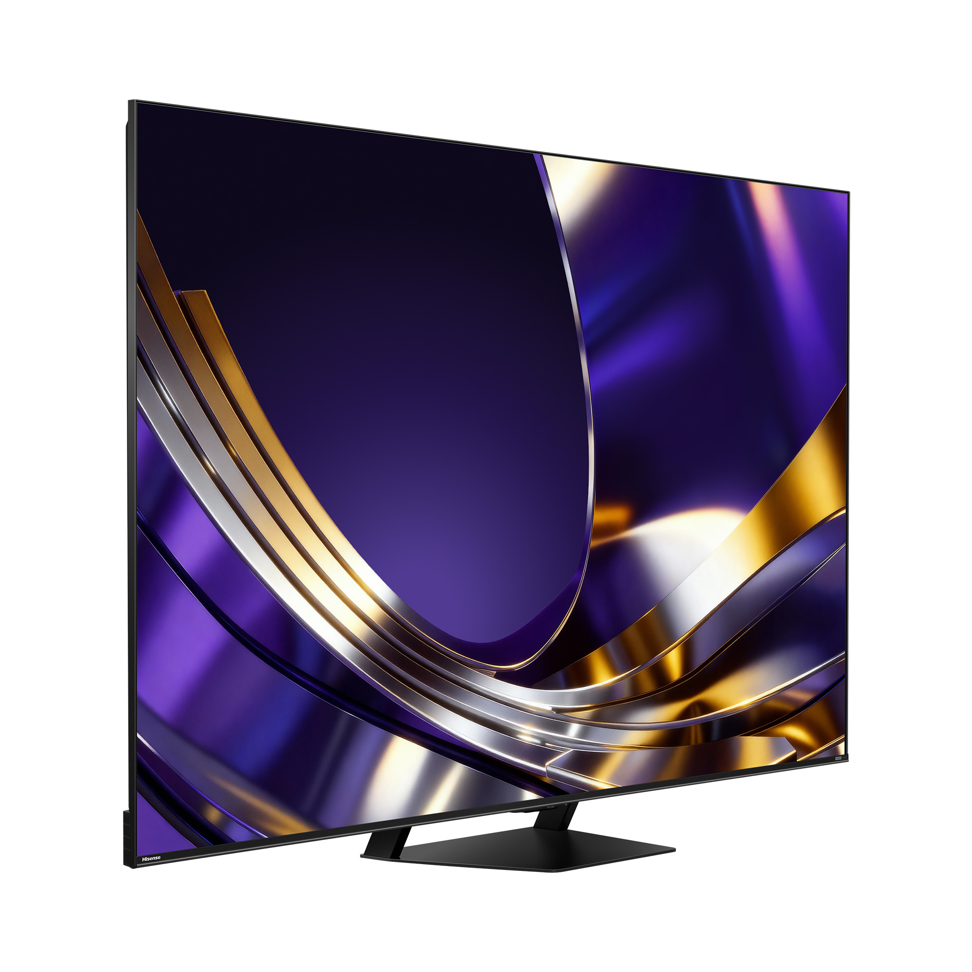 Un televisor moderno que muestra un fondo estilizado y abstracto en púrpura y dorado.