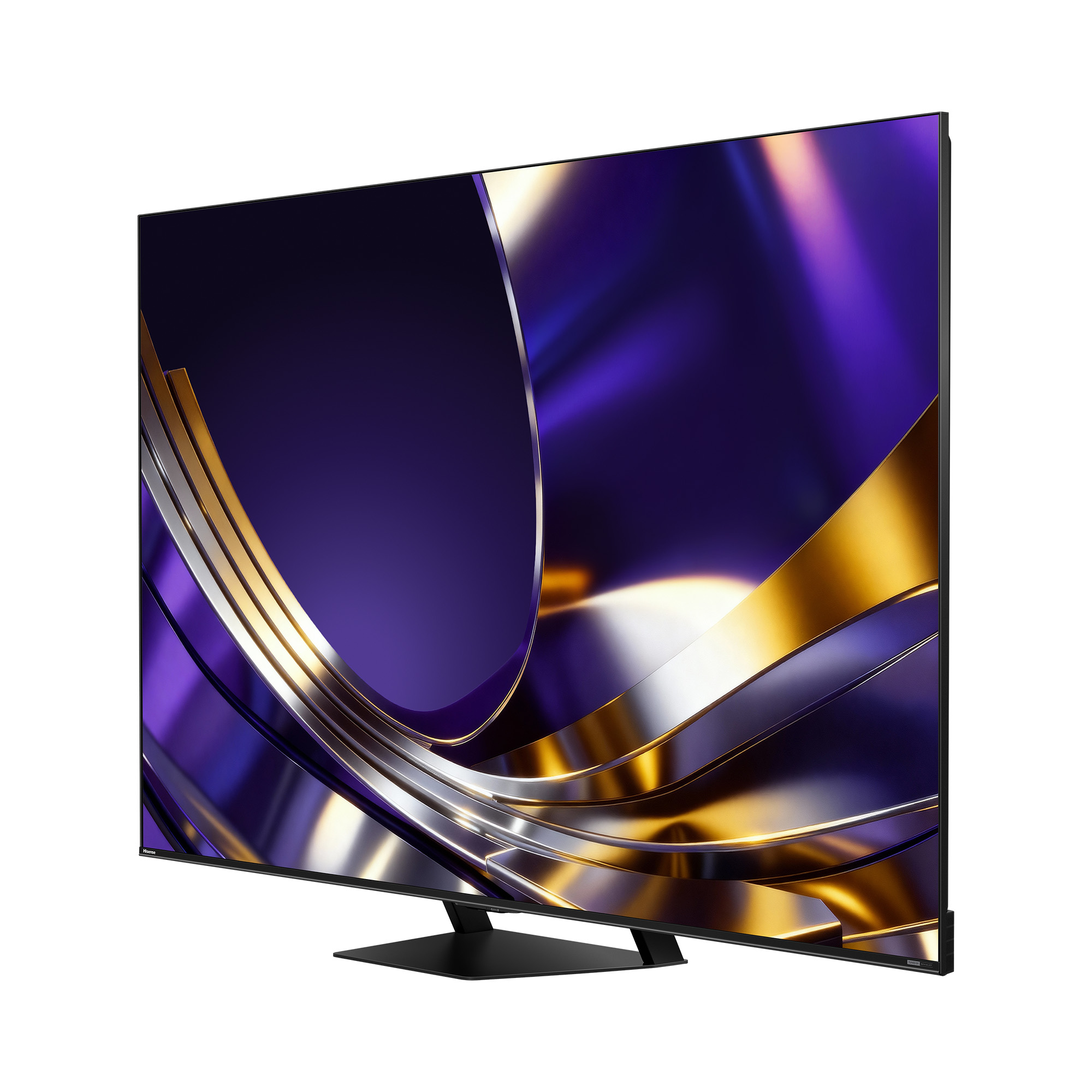 Un televisor moderno con pantalla oscura y brillante que muestra patrones abstractos dorados y púrpuras.