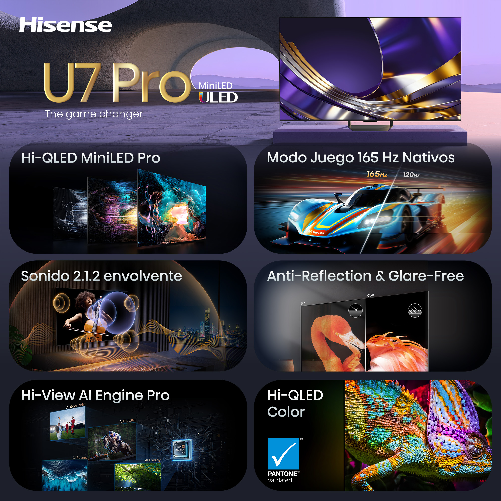 TV Hisense U7 Pro con Hi-QLED MiniLED, Modo Juego, Sonido Envolvente e IA.