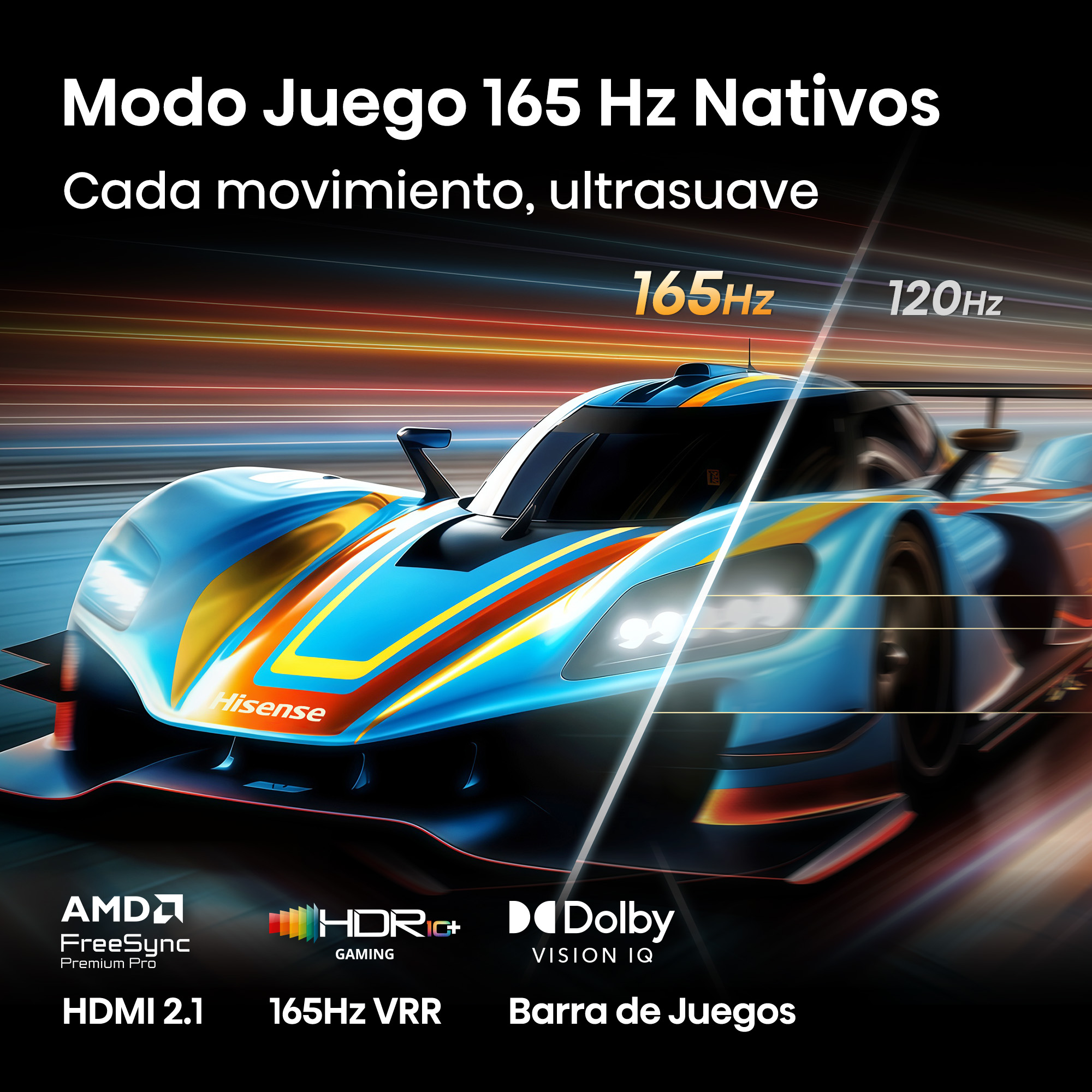Un coche de carreras azul con rayas amarillas y rojas corre en una pista. 165 Hz.