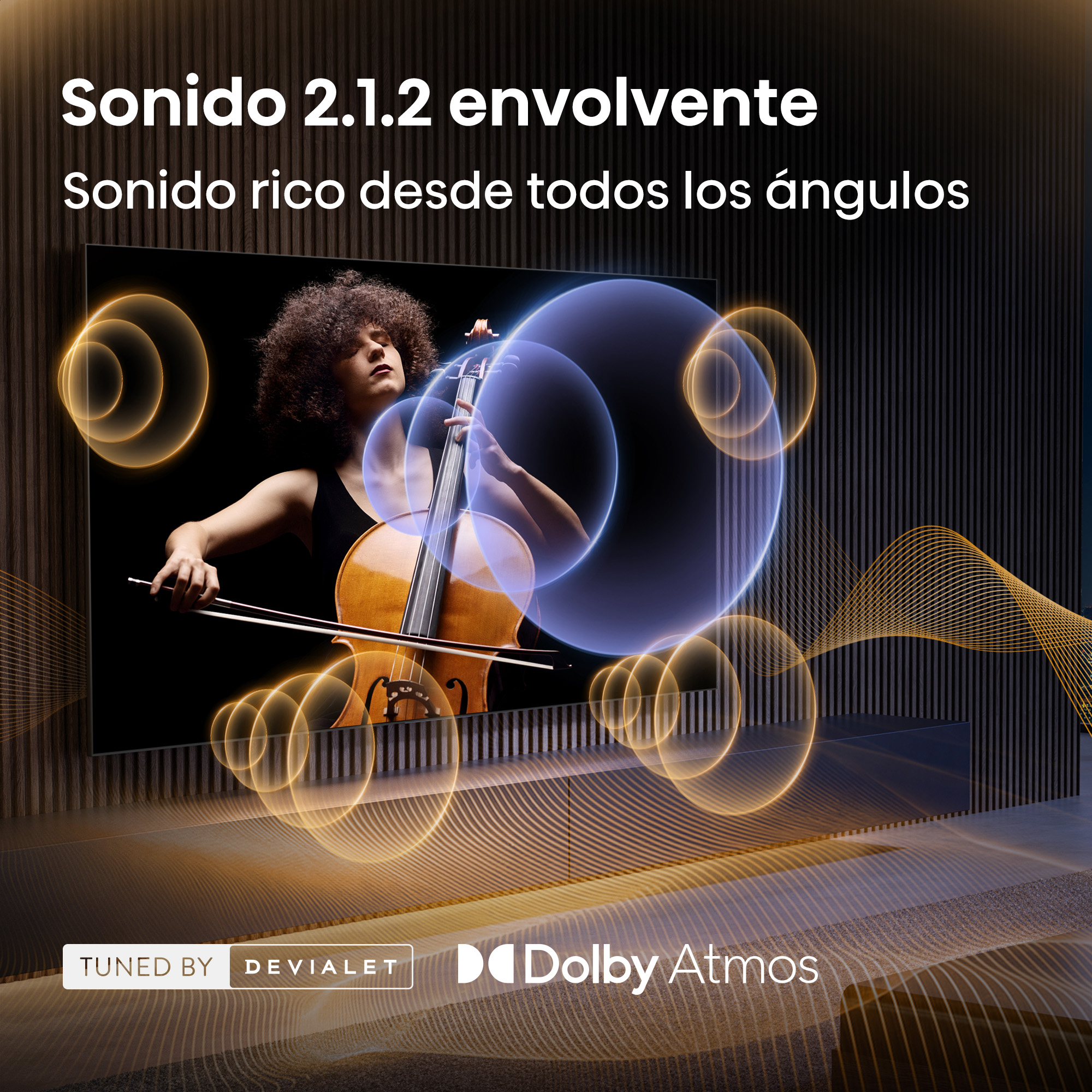 Una mujer toca el violonchelo, rodeada de círculos brillantes que representan ondas sonoras.