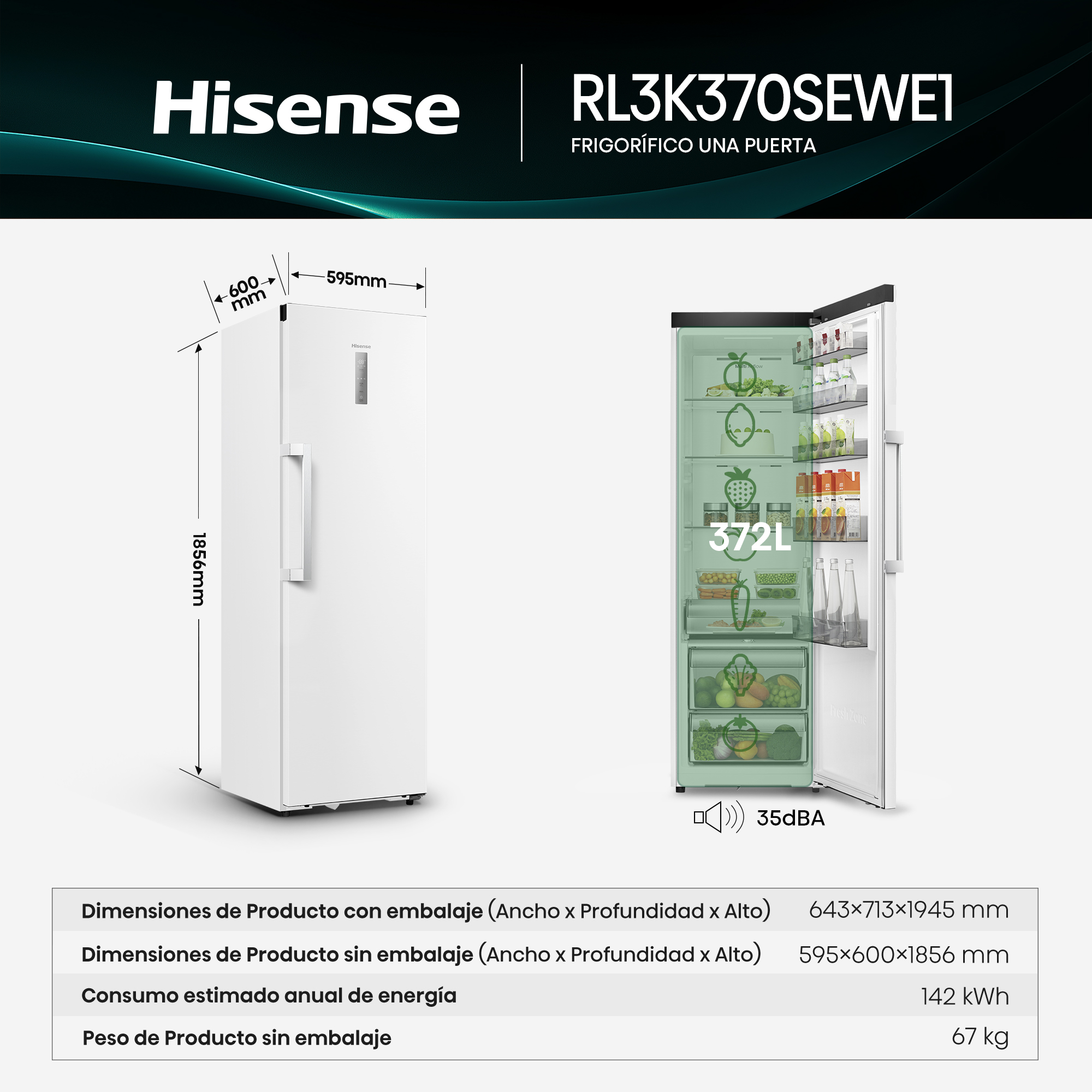 Un frigorífico Hisense blanco con dimensiones y puerta abierta mostrando el interior.
