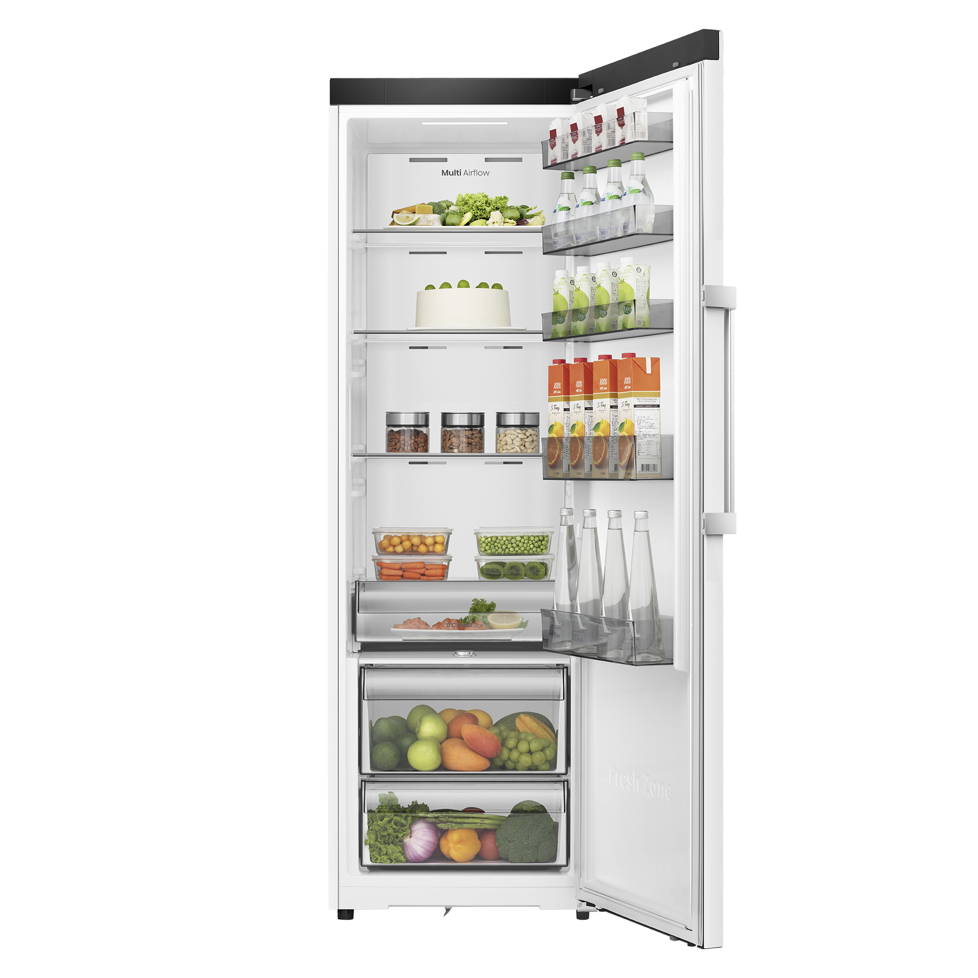 Un refrigerador abierto lleno de alimentos como frutas, verduras, pastel, bebidas y carne.