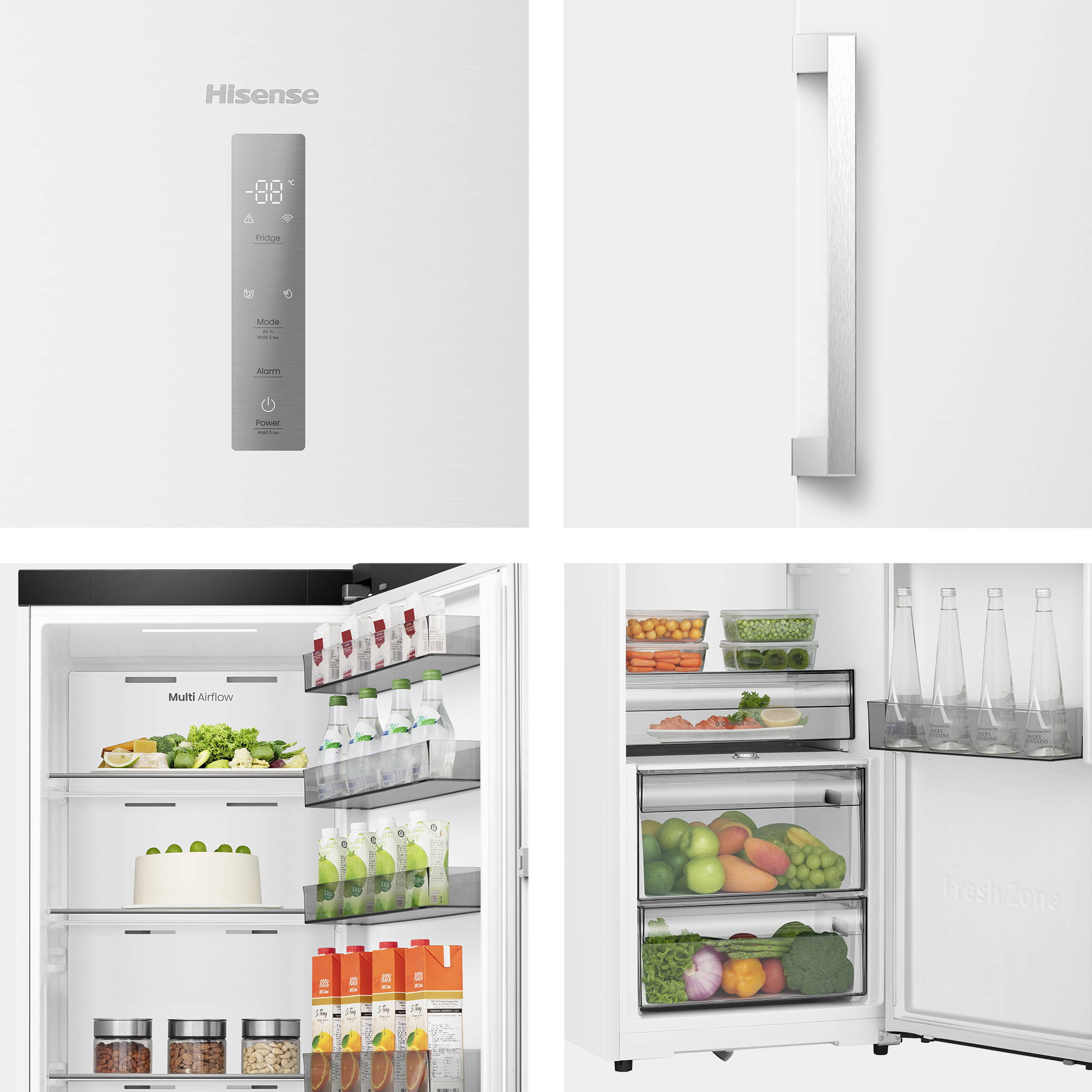 Un refrigerador Hisense blanco con puerta abierta, lleno de comida y bebidas.