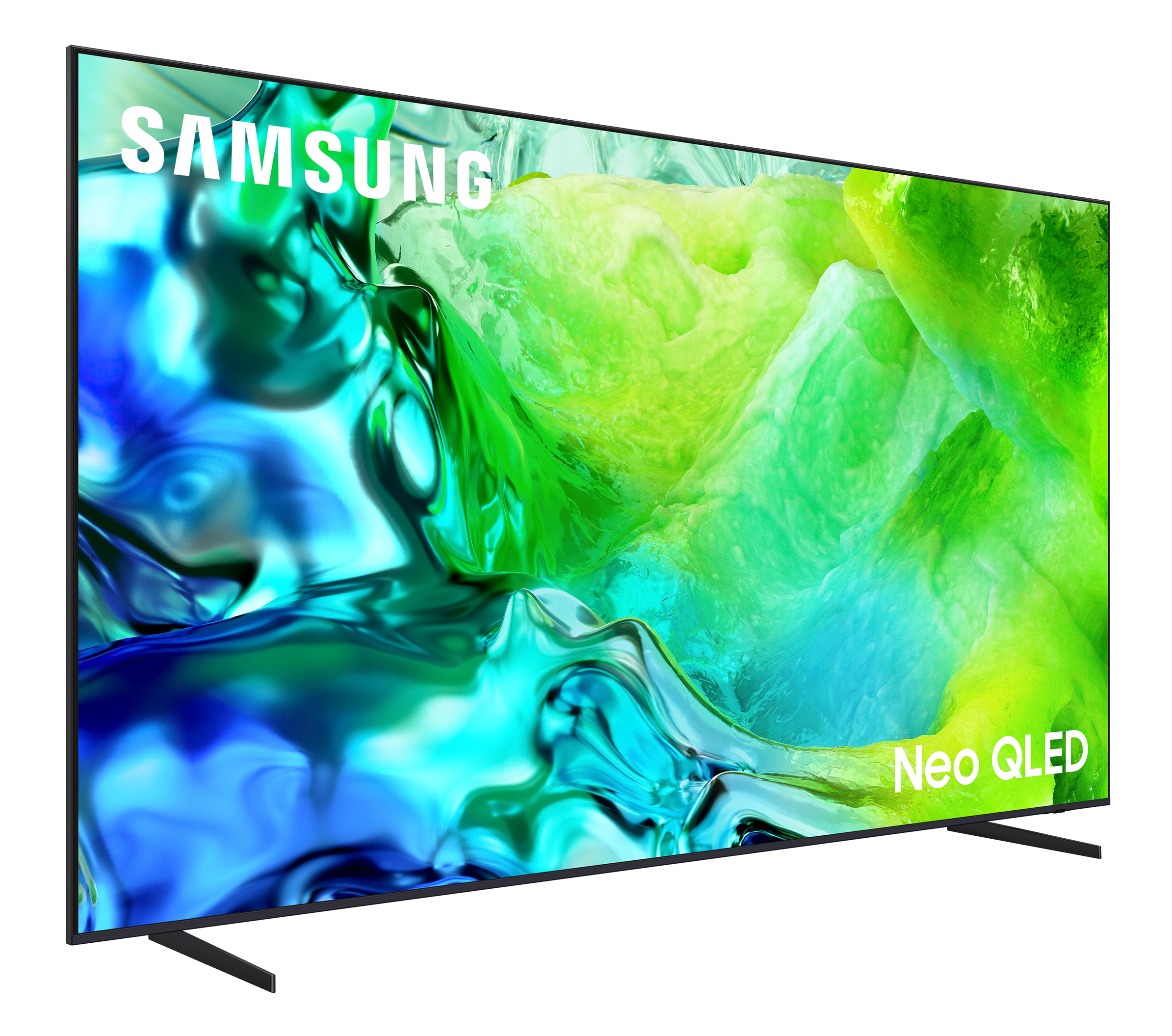 Telewizor Samsung Neo QLED wyświetlający płynny, abstrakcyjny obraz w kolorach niebieskim i zielonym.