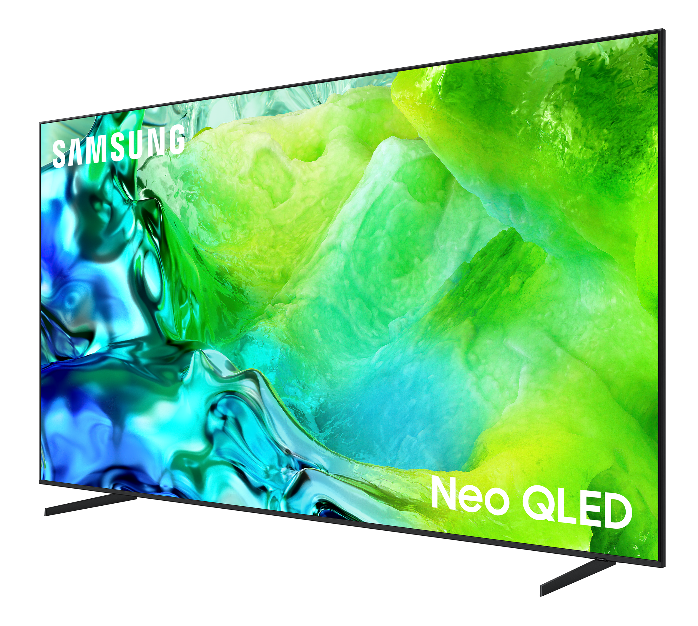 Telewizor Samsung Neo QLED wyświetlający abstrakcyjne, kolorowe tło.