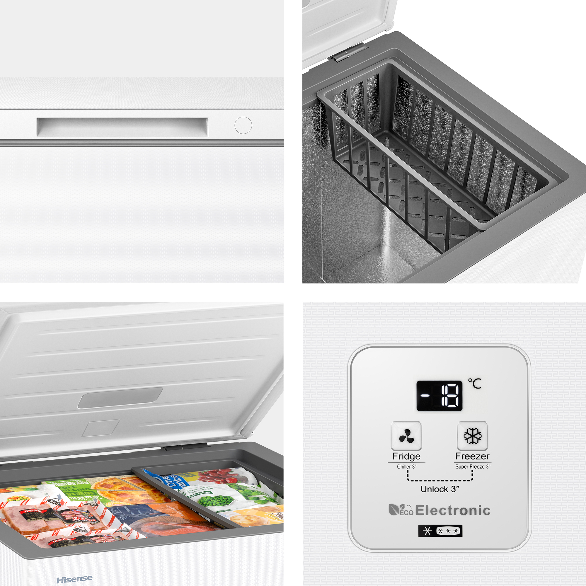 Un congelador horizontal blanco con la tapa abierta, lleno de alimentos congelados.