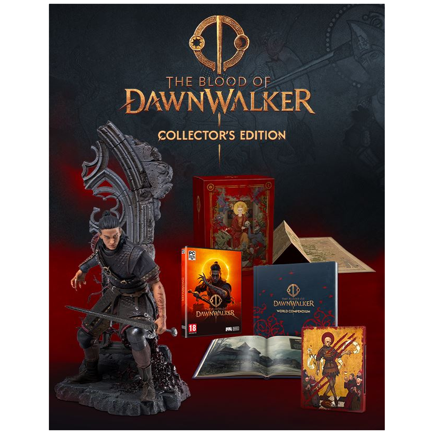 Collector's edition van 'The Blood of Dawnwalker' met figuur, spel en boek.
