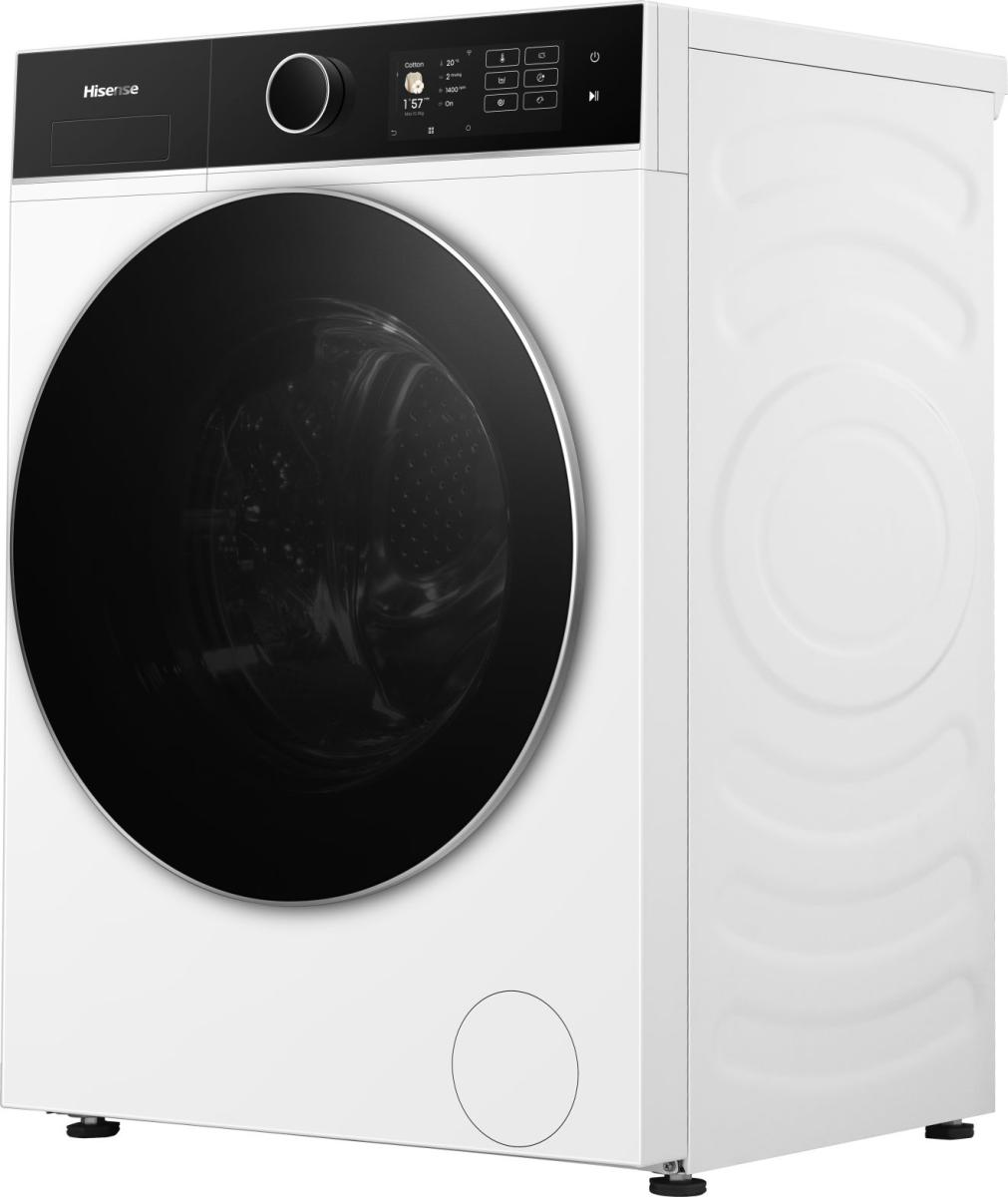 Eine weiße Hisense Frontlader-Waschmaschine mit großer schwarzer Tür und Digitalanzeige.