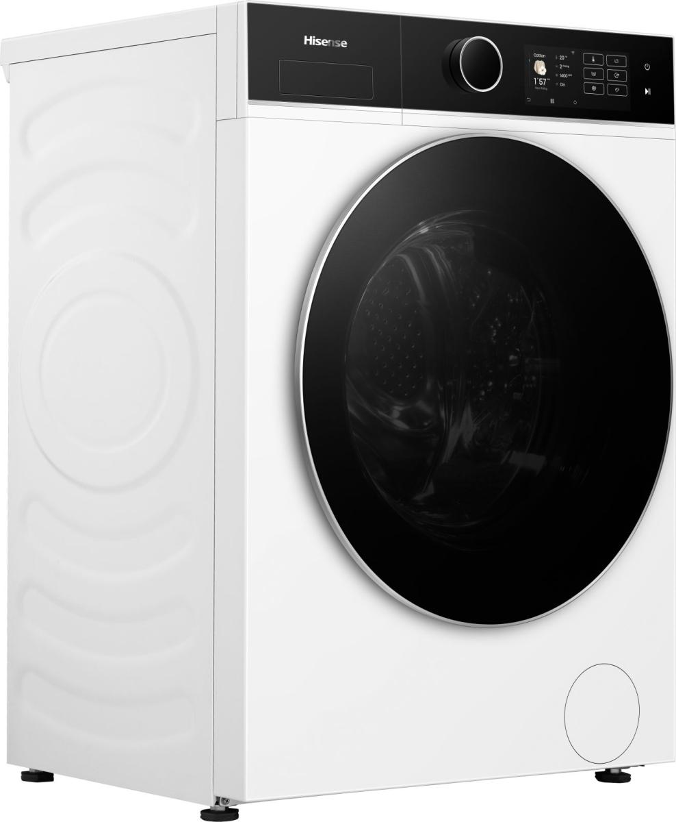 Eine weiße Hisense-Waschmaschine mit schwarzer Tür und digitalem Display.