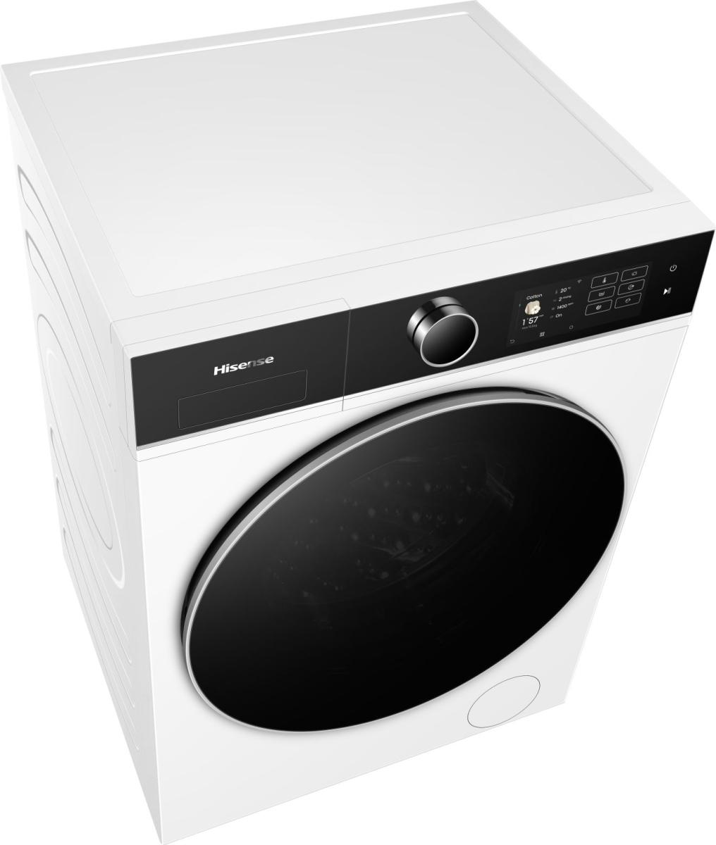 Eine weiße Hisense Waschmaschine mit schwarzer Tür und digitalem Bedienfeld.