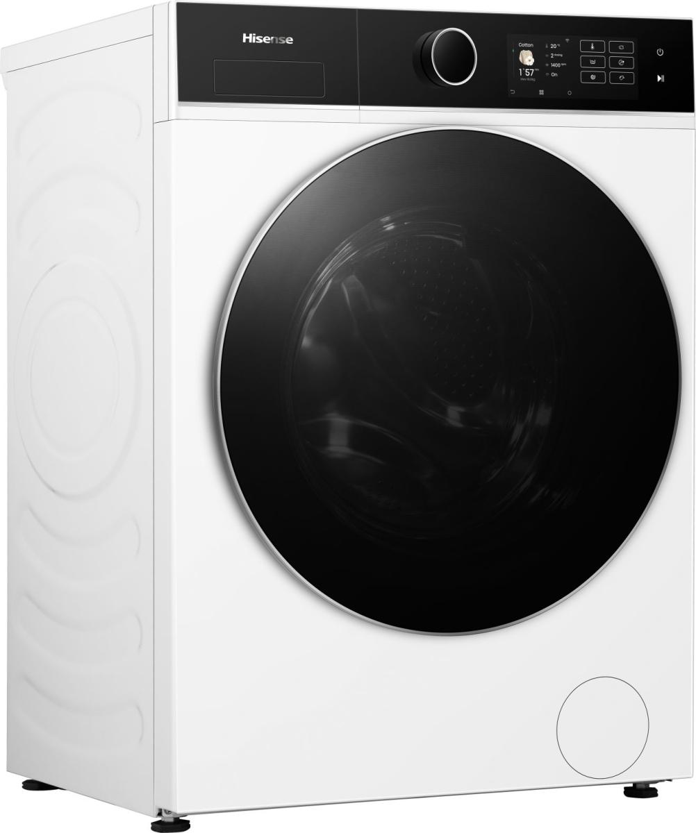 Eine weiße Hisense Waschmaschine mit schwarzer Tür und Bedienfeld.