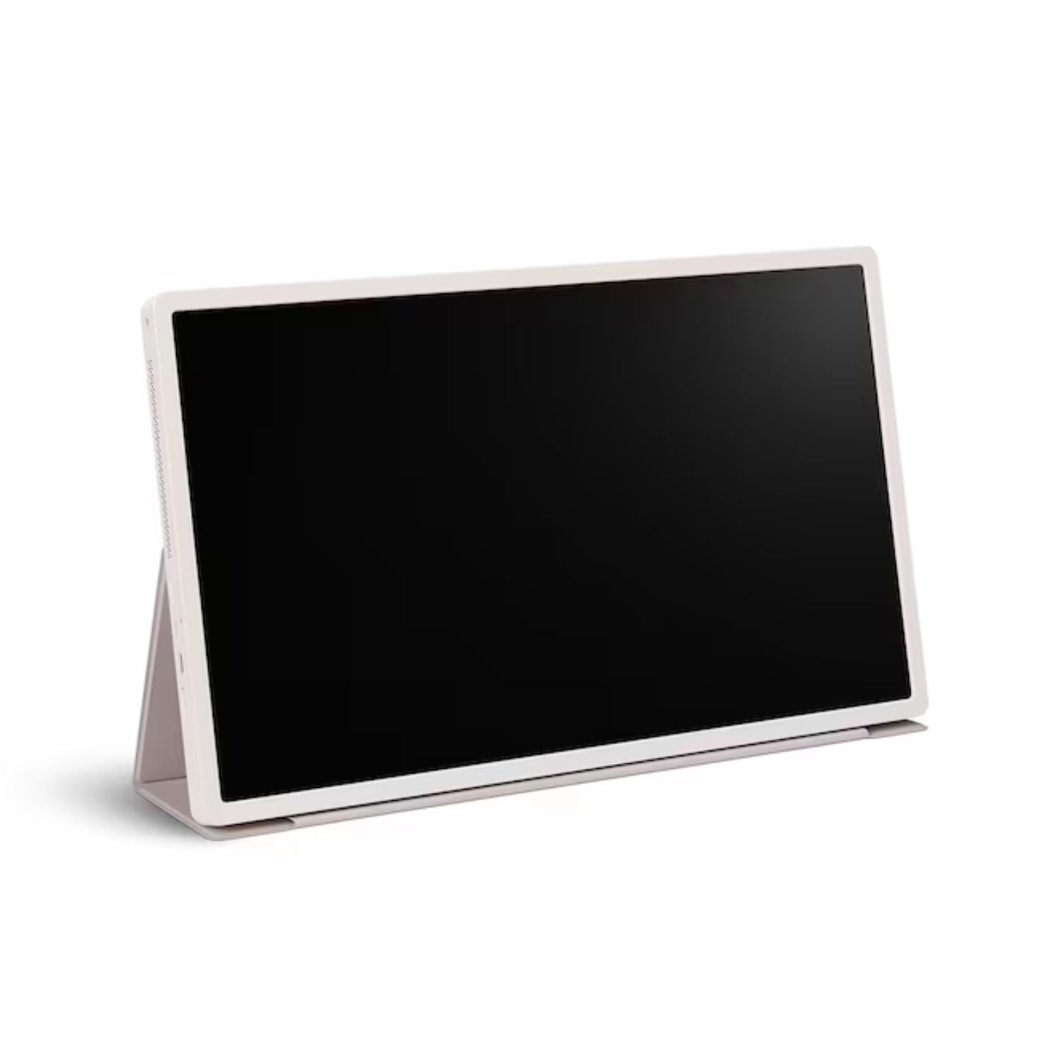 Una tableta blanca con pantalla negra, apoyada en un soporte.