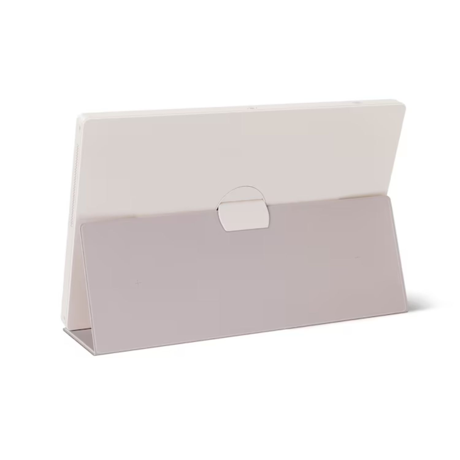 Una tableta gris claro con soporte integrado, sobre fondo blanco.