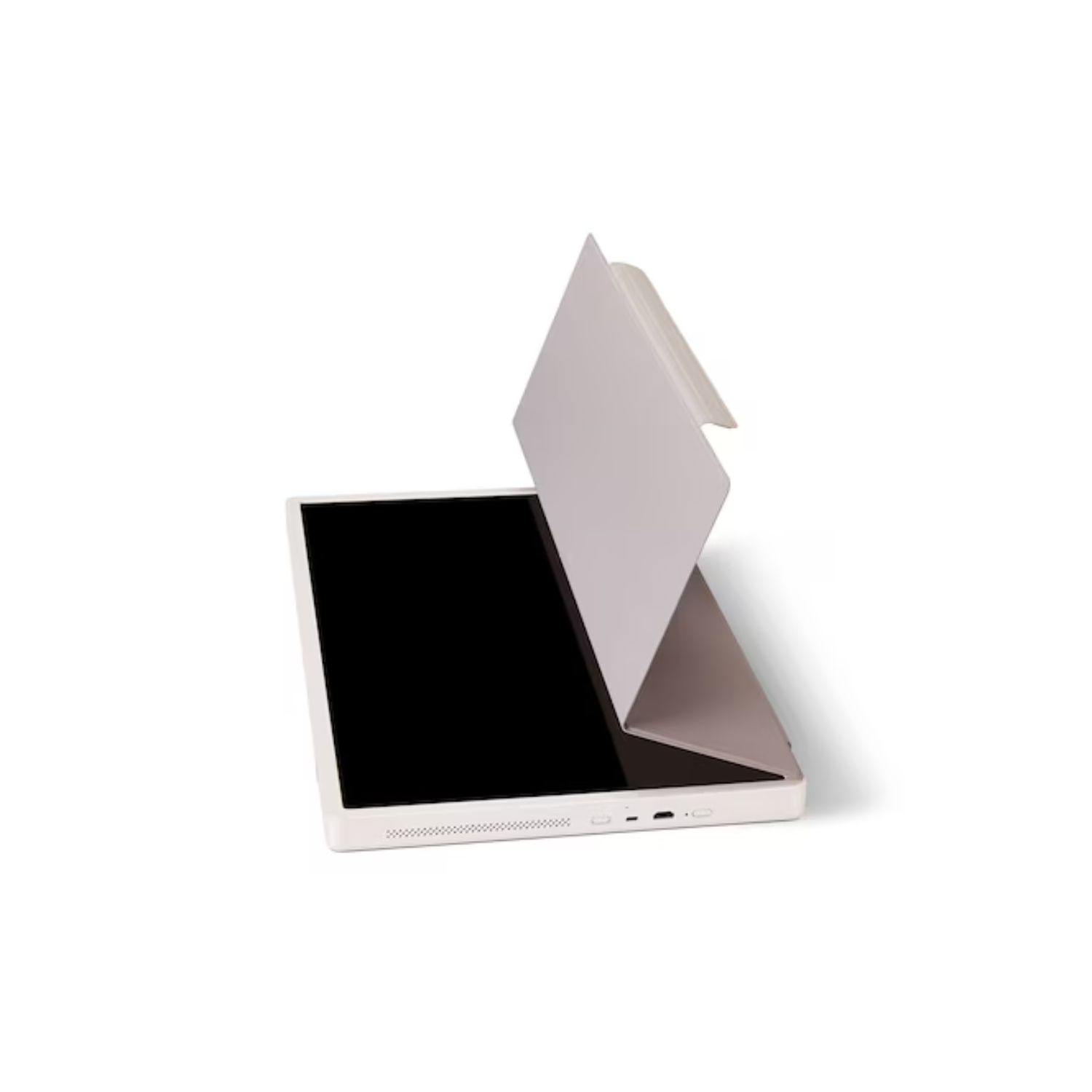 Una tableta blanca con pantalla negra y funda gris que sirve de soporte.