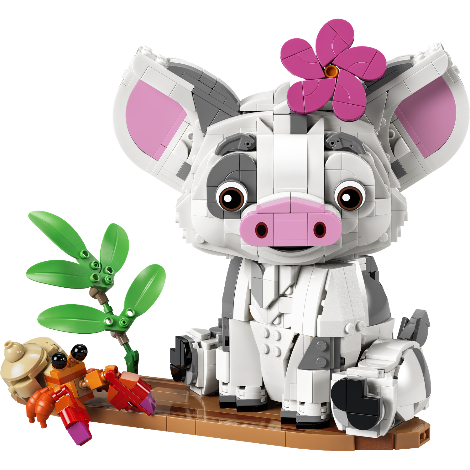 Een Lego-model van een varken met bloem, krab en plant op zwarte achtergrond.