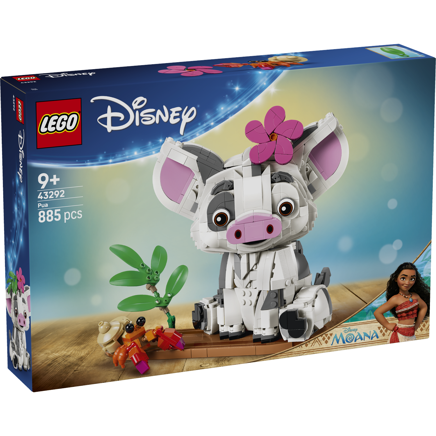 LEGO Pua varken met Moana en krab op houten platform.