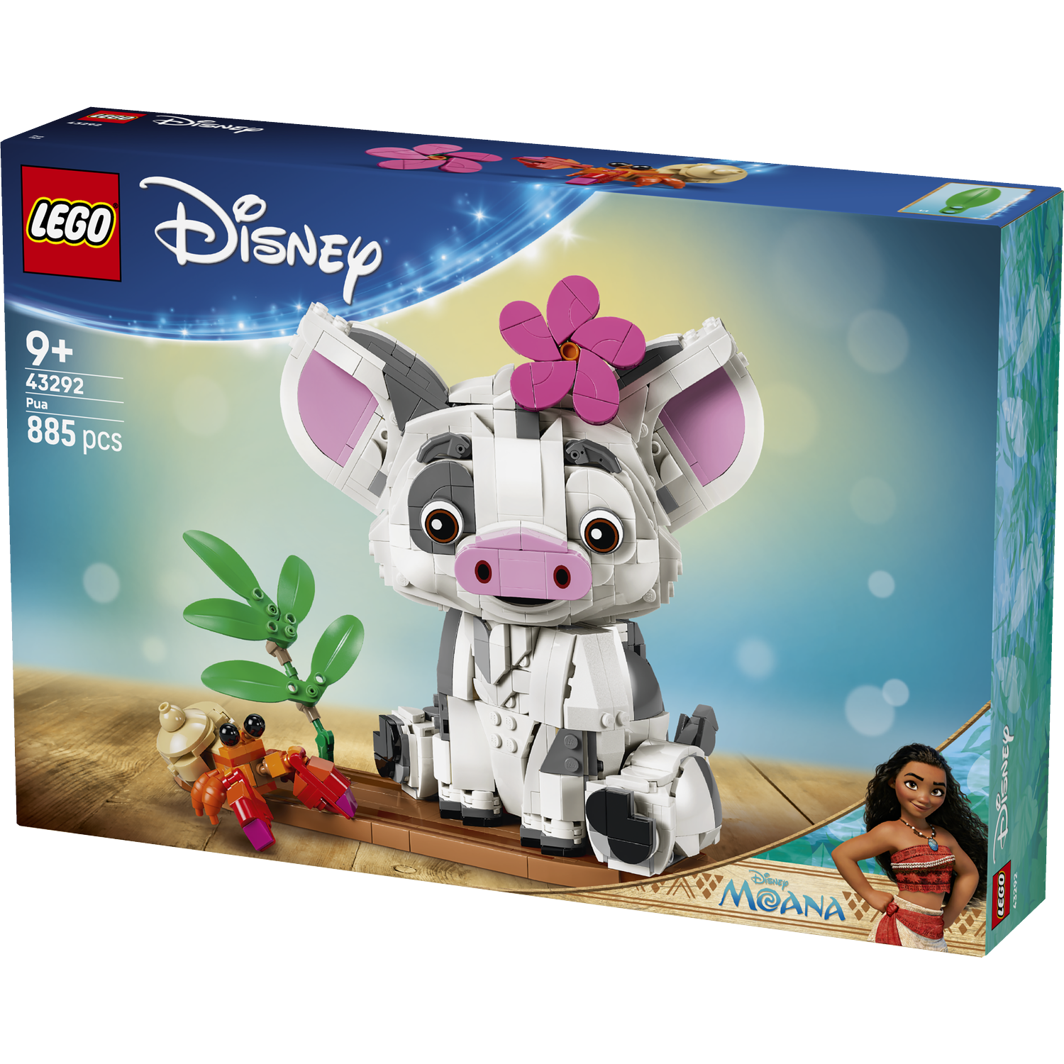 LEGO Pua met krab en Moana-figuur op een houten kist.