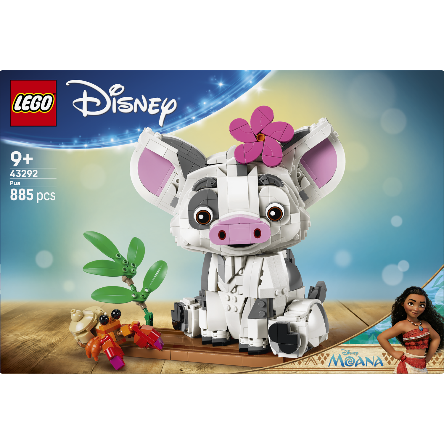 Lego Disney Pua met krab en plant. Moana logo en personage aanwezig.
