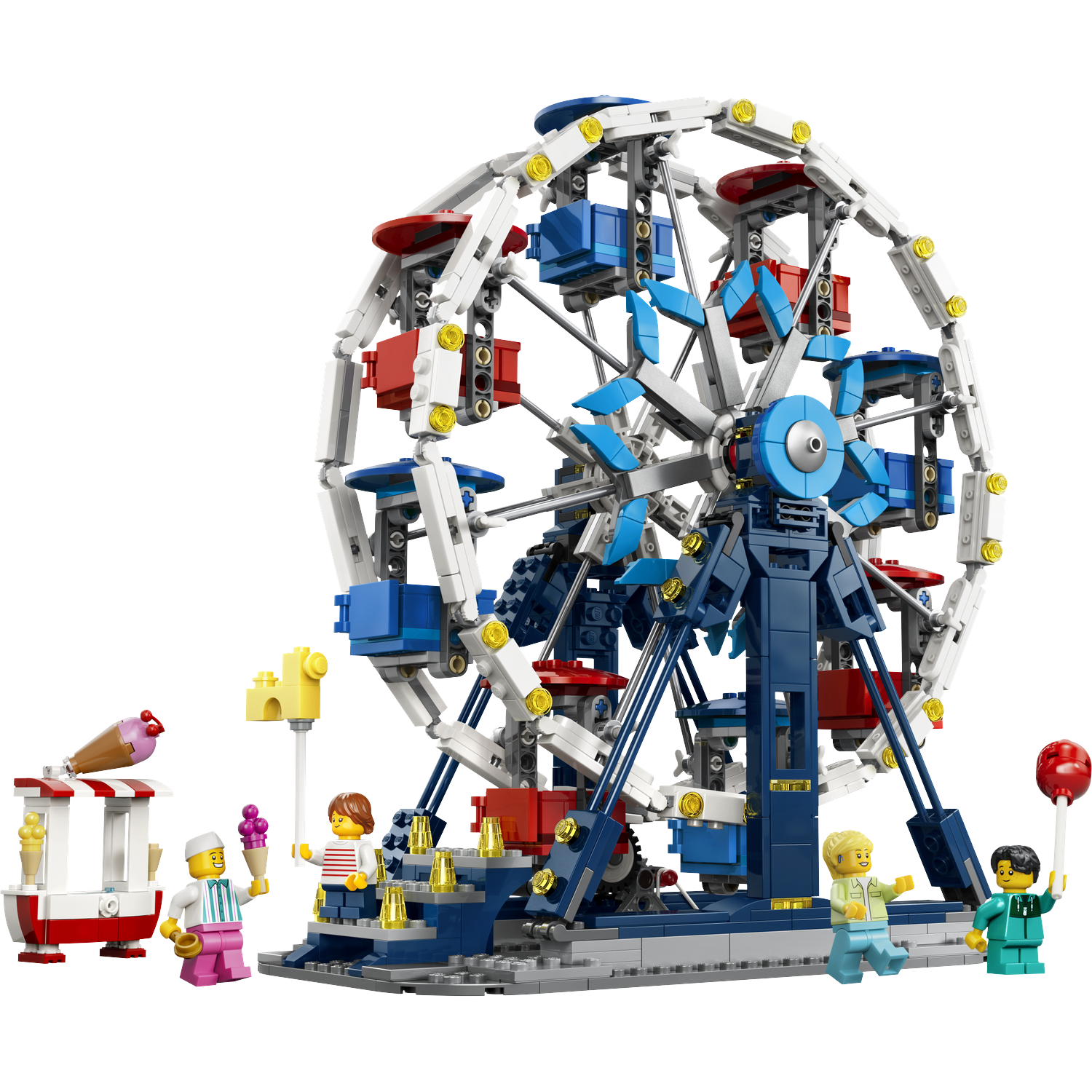 Een Lego reuzenrad met een kaartverkoopkraam en minifiguren die ijs en een lolly vasthouden.