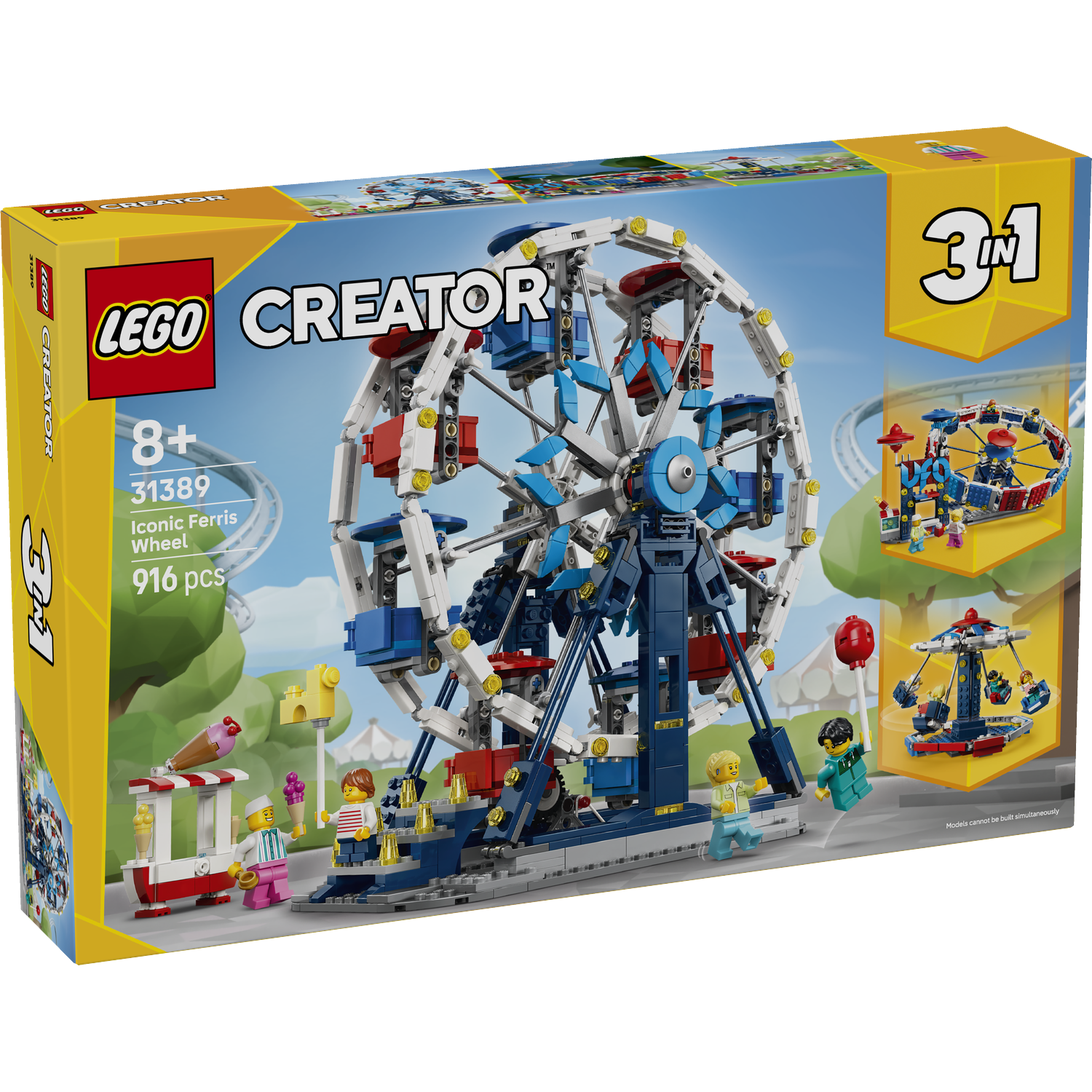 LEGO Creator set met kleurrijke reuzenrad, ijscokraam en minifiguren.