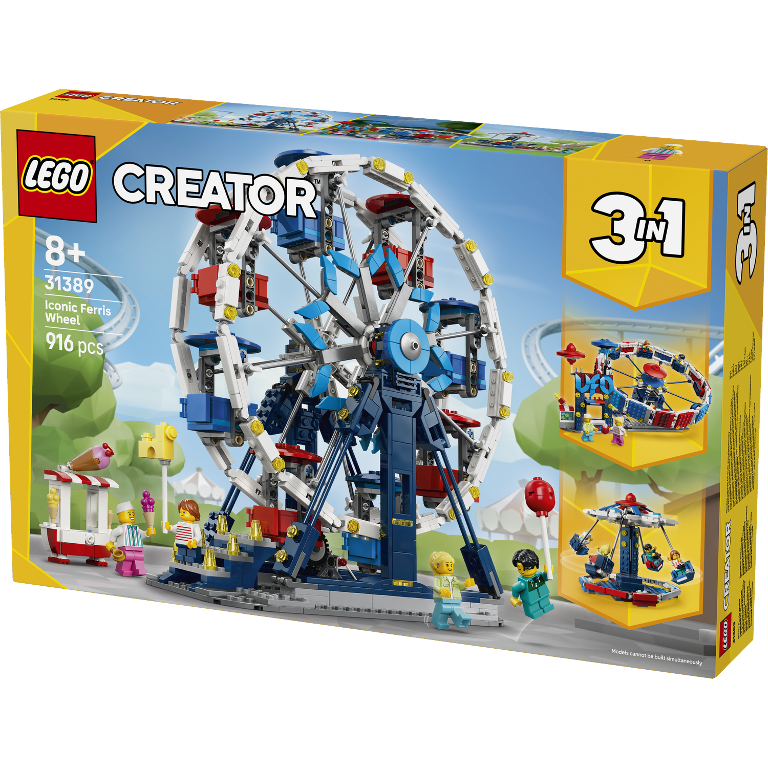 Een Lego Creator set met reuzenrad, ijscokar en draaimolen.