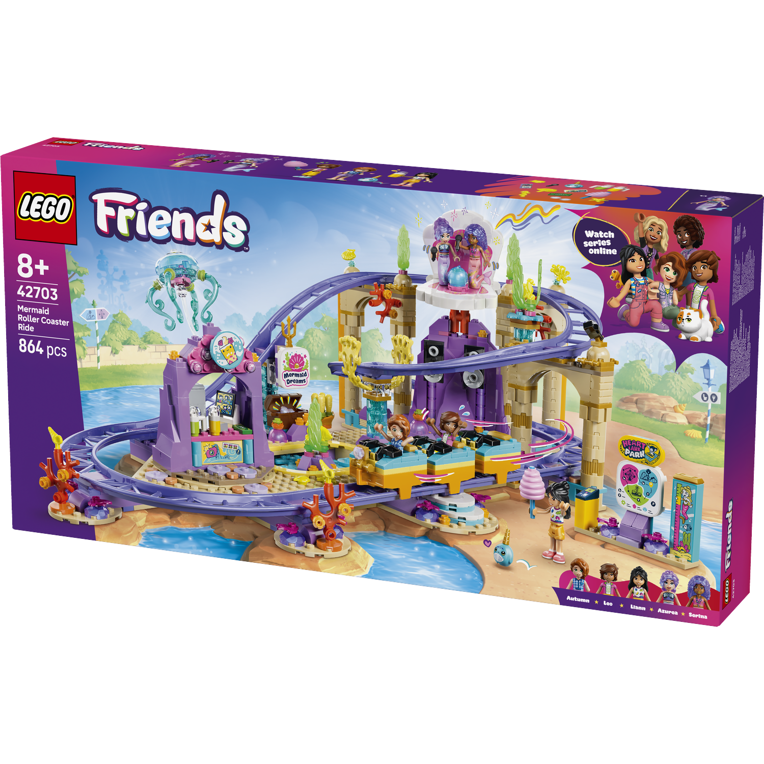 Lego Friends zeemeermin achtbaan set in paars, blauw, geel en water.