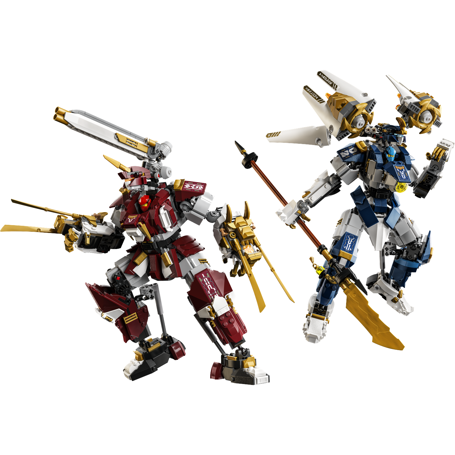 Twee Lego mechs, één rood en goud, de ander blauw en wit, staan tegen een zwarte achtergrond.