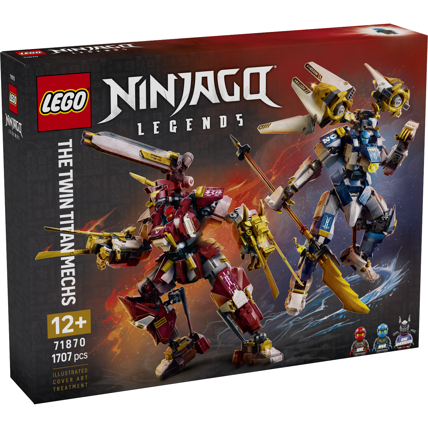 LEGO Ninjago box art toont twee mechs, één rood en één blauw, met wapens en minifiguren.