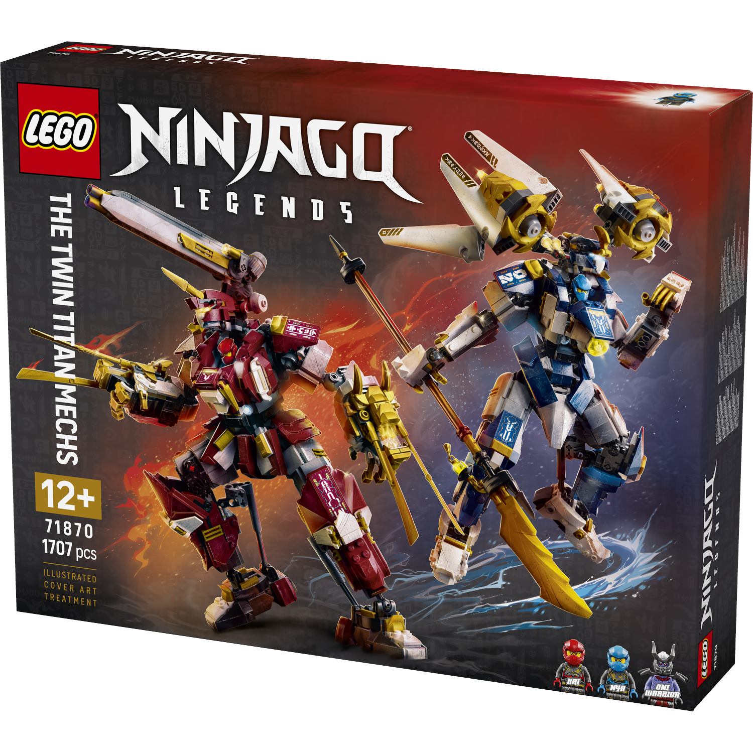 LEGO Ninjago doos: Twee mechs, een rode, een blauwe, in gevechtshouding. 12+.