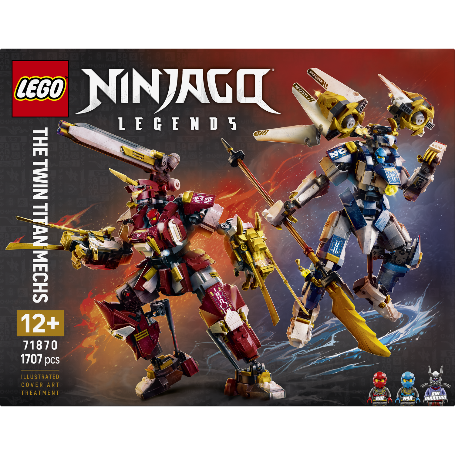 Twee Lego Ninjago mechs, één rood, één blauw-wit, vechten tegen een vurige achtergrond.