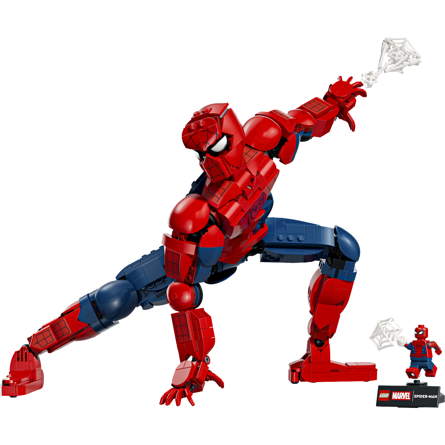 Rood en blauw Lego Spiderman figuur in actieve pose met web. Kleine Lego Spiderman op voetstuk.