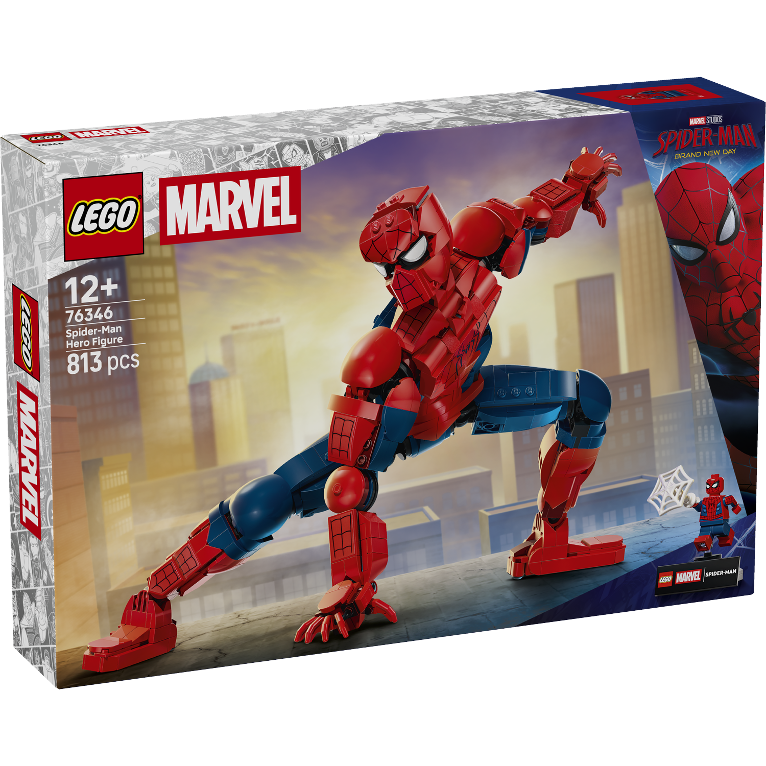 Lego Marvel Spider-Man doos met figuur en stadsachtergrond.
