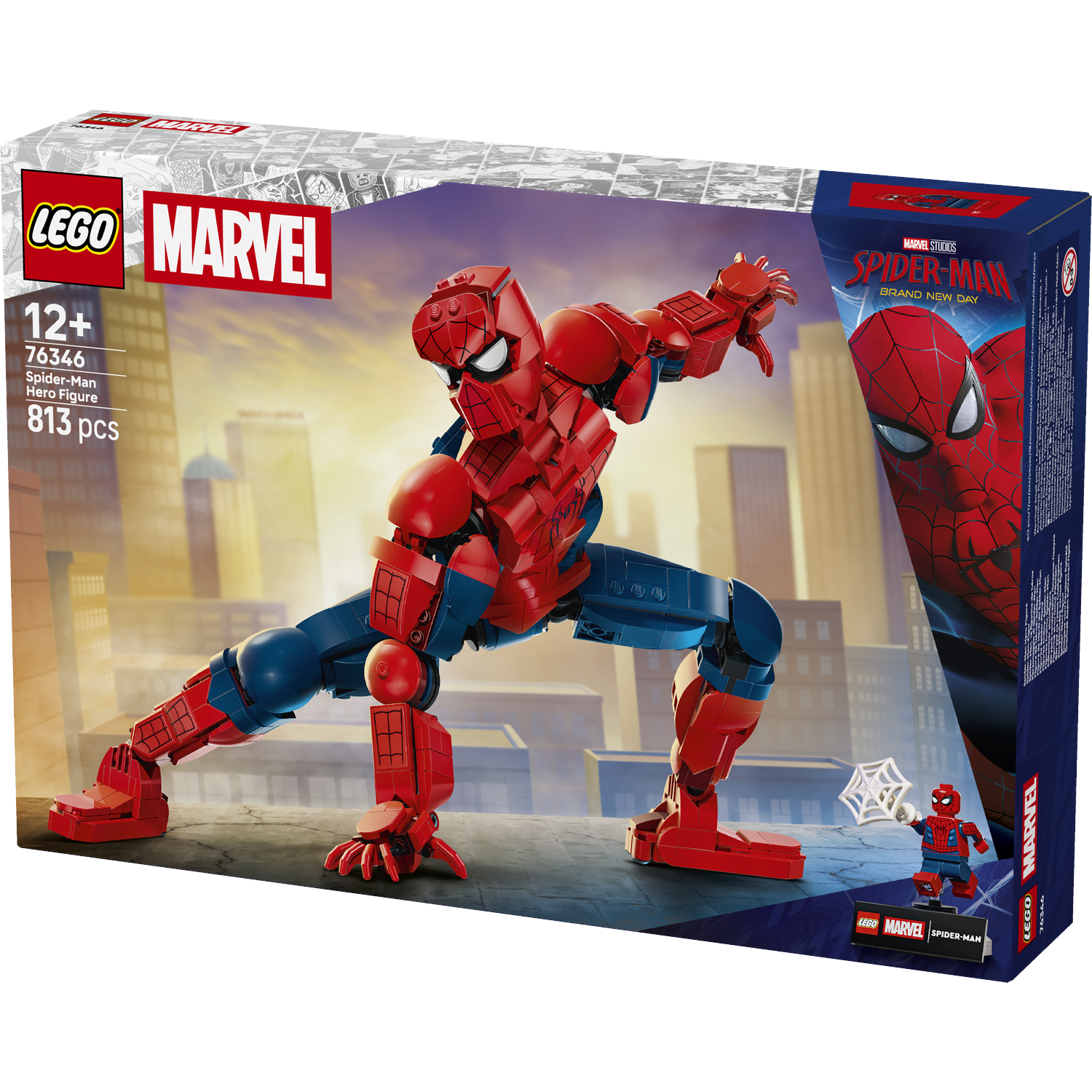 Lego Spider-Man bouwset doos met figuur op een dak.