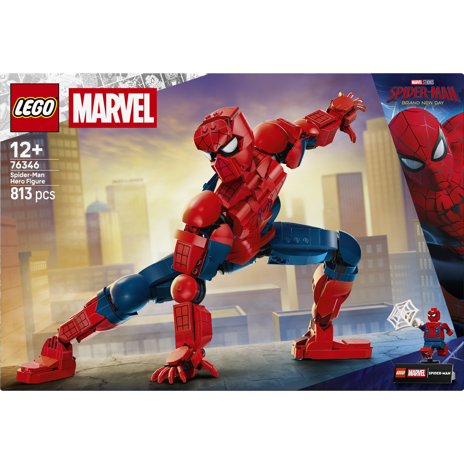 LEGO Marvel Spider-Man figuurdoos met grote beweegbare figuur en kleine minifiguur.
