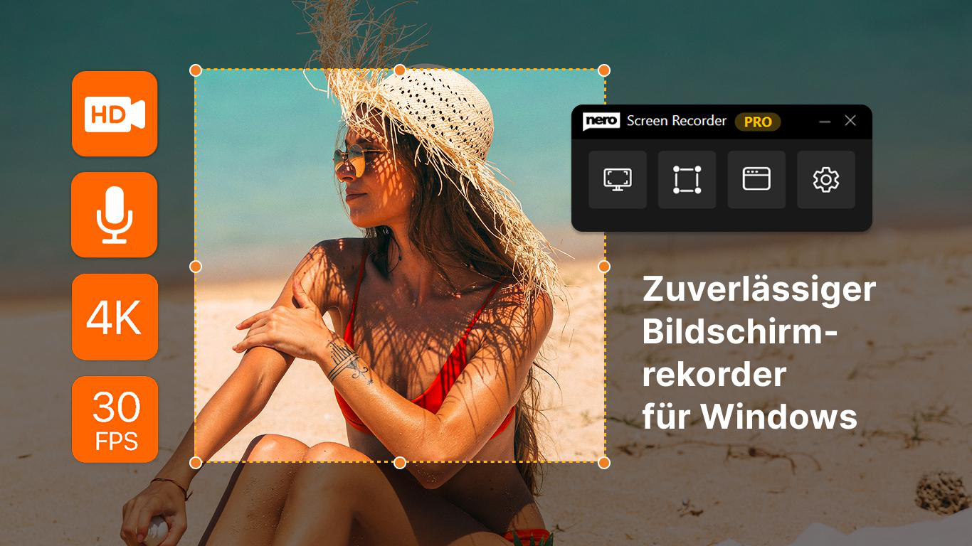 Frau am Strand mit Sonnenhut, daneben Software-Icons und Text.