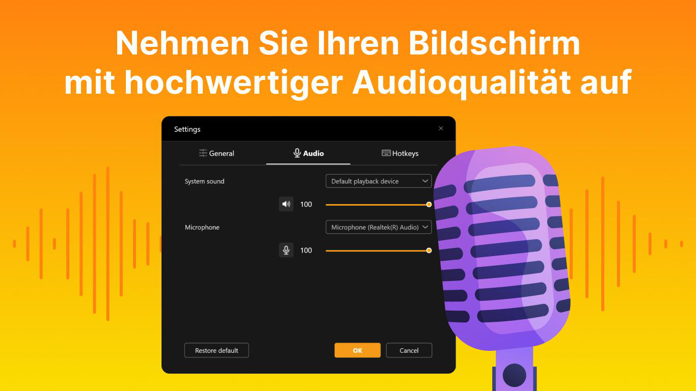 Ein Mikrofon und eine Audio-Einstellungs-App auf einem orangefarbenen Hintergrund.