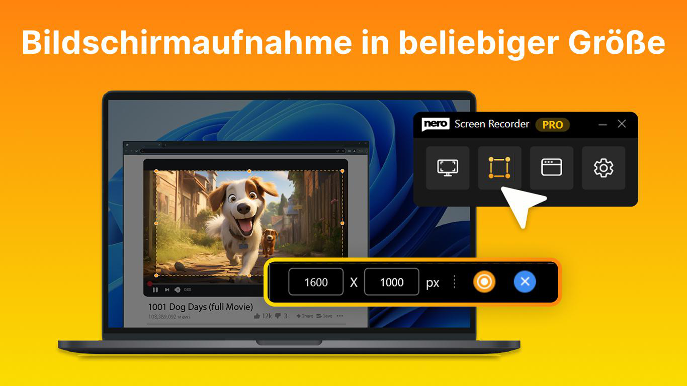 Ein Laptop zeigt einen Screenrecorder mit einem Video von zwei Hunden. Auflösung: 1600x1000px.