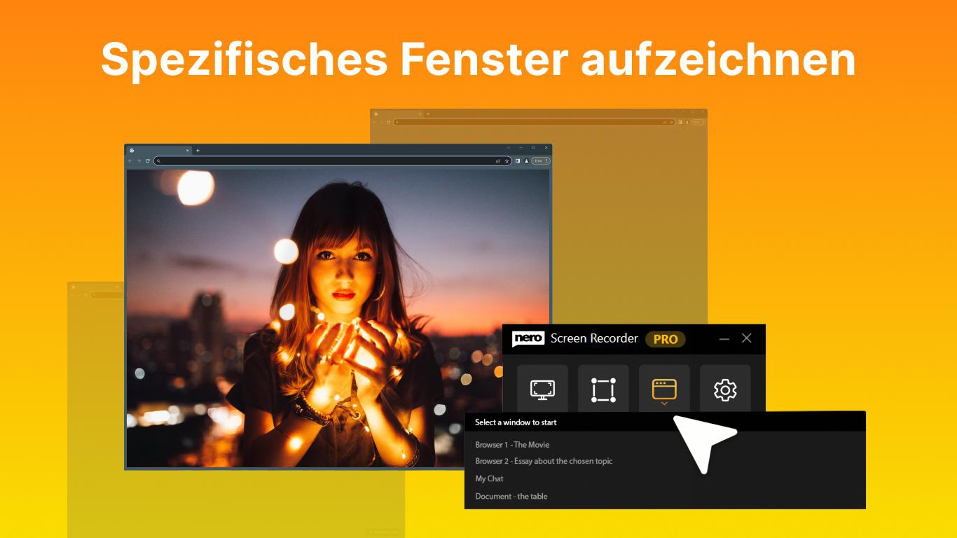 Ein Mädchen mit Lichterketten vor einer Stadtkulisse, Nero Screen Recorder.