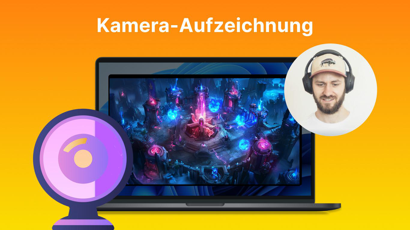 Webcam neben Laptop mit Spielszene und Mann mit Kopfhörern.