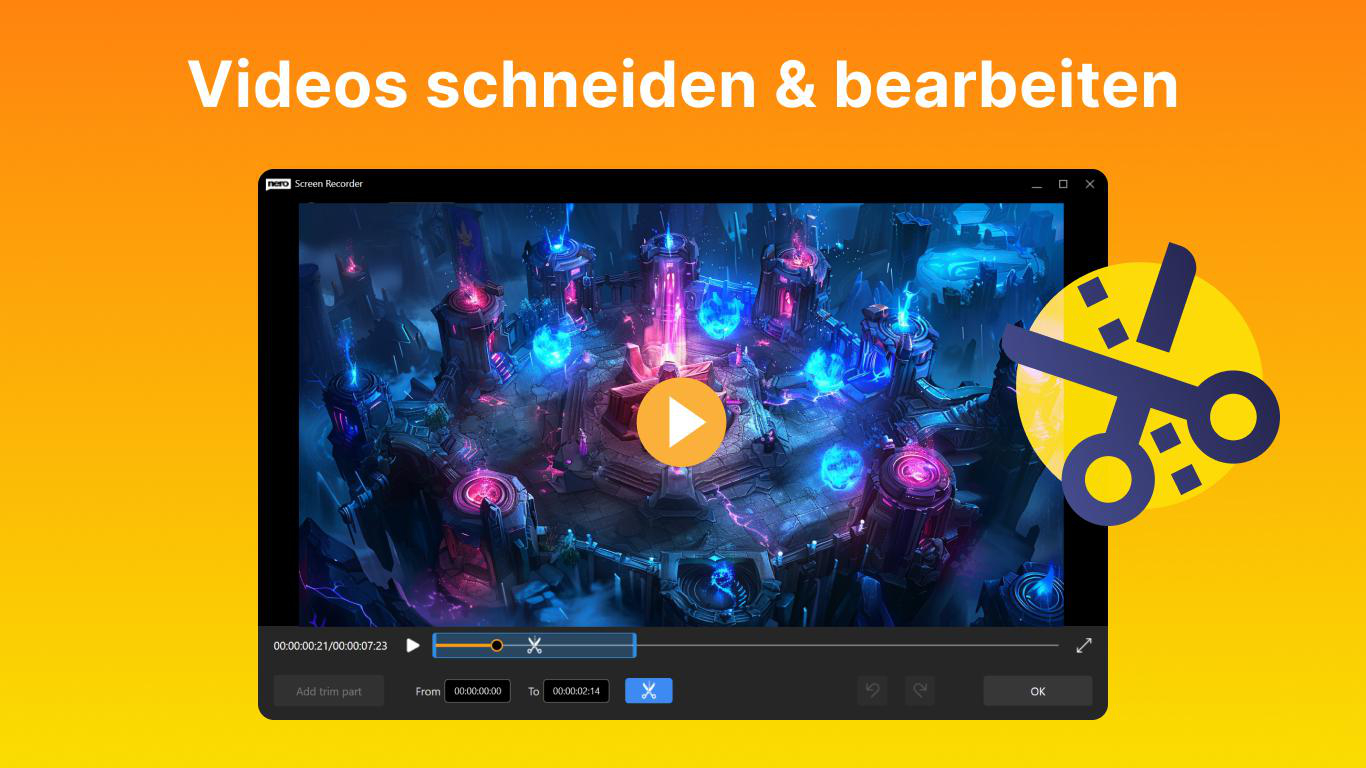 Ein Video-Editor-Interface mit Spiel-Grafik und Schere-Symbol.