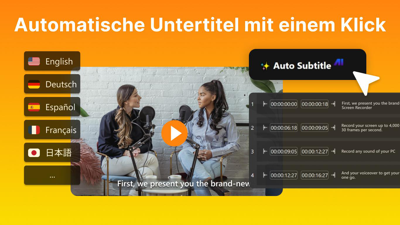 Zwei Frauen mit Mikrofonen, eine mit Kopfhörern. Menü mit Sprachen und Zeitstempeln.