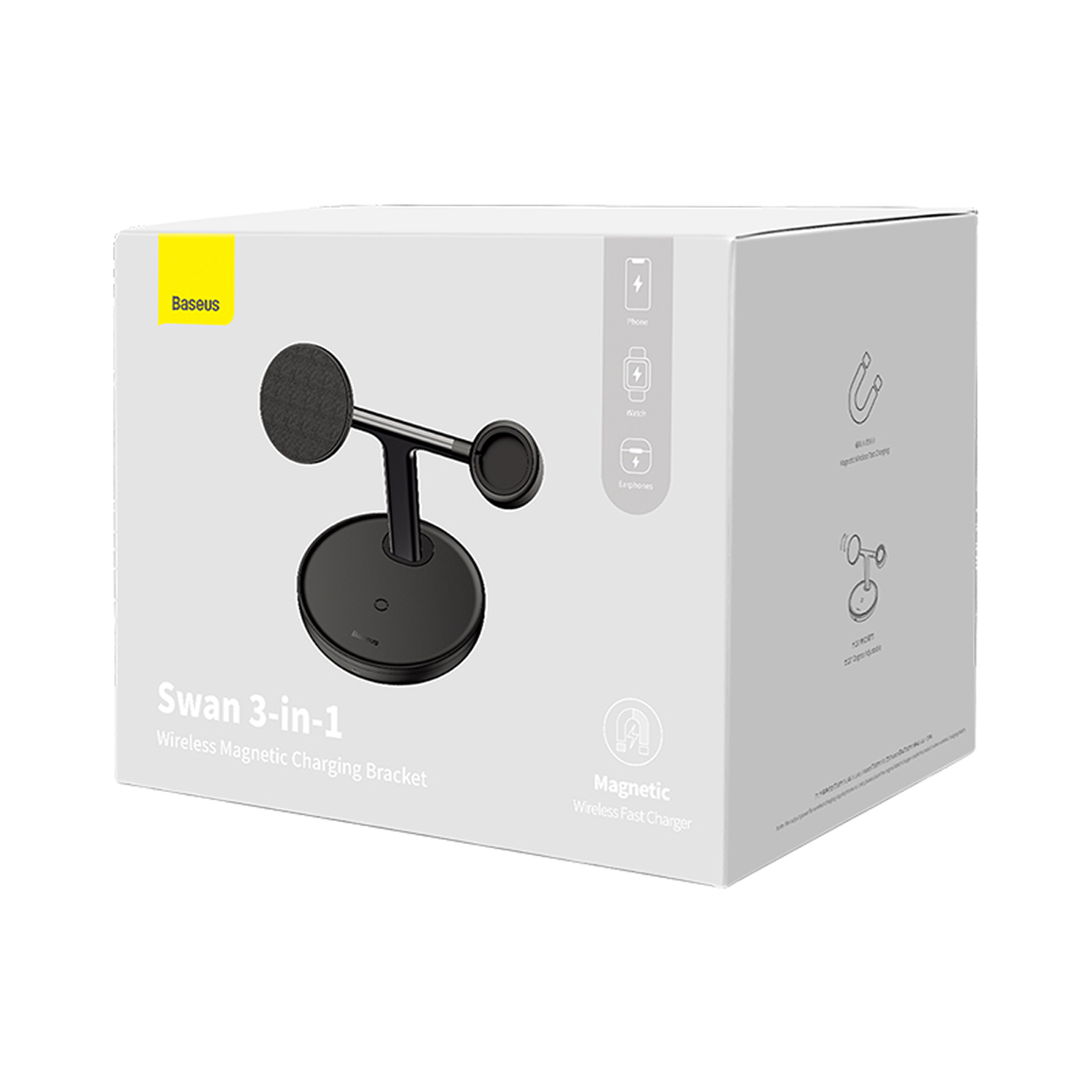 Caja de un soporte de carga inalámbrico magnético Baseus Swan 3-en-1 negro.