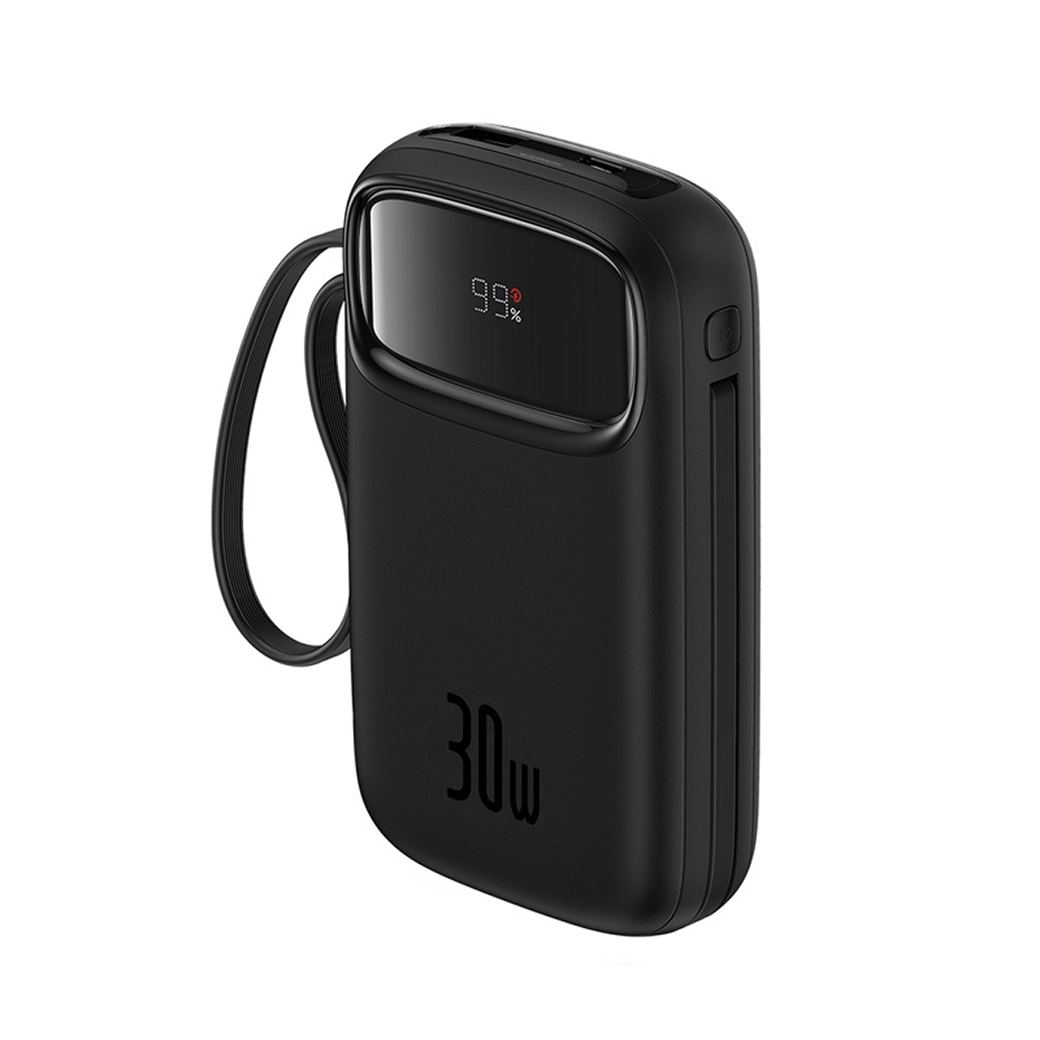 Batería externa negra de 30W, carga del 99% y con asa.