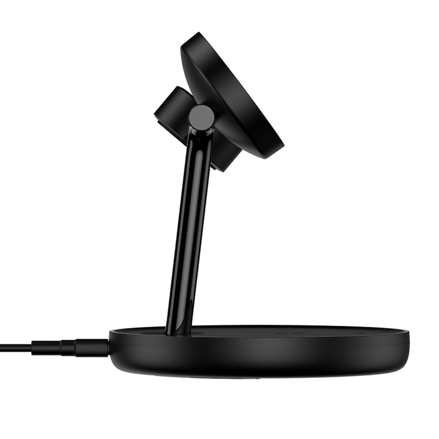 Soporte de carga inalámbrica negro con base plana y brazo ajustable.